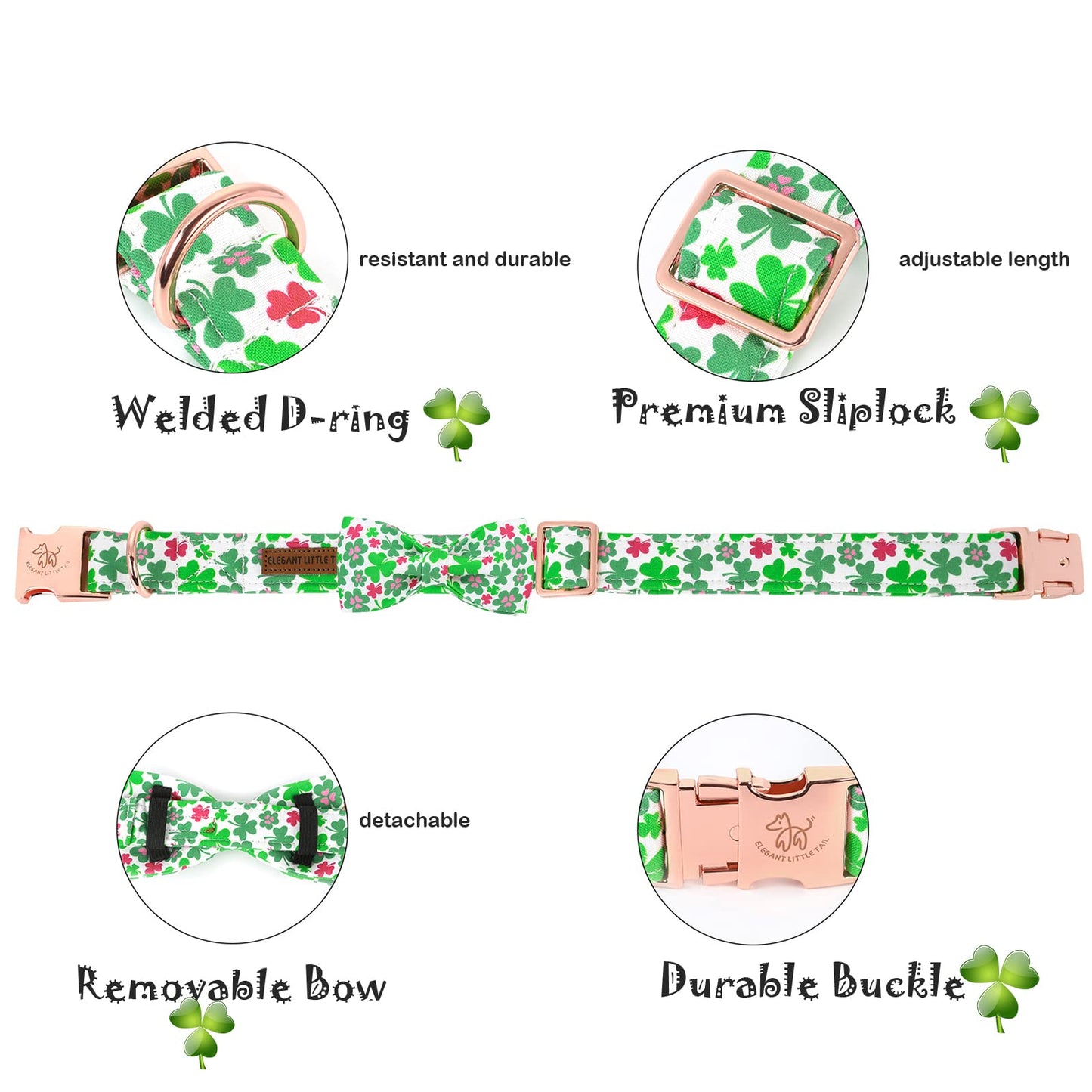 Elegant little tail Dog Collar with Bow, Lucky Clover Bow Tie Dog Collar, Cute Dog Bowtie Pet Gift Dog Collar for Medium Dogs