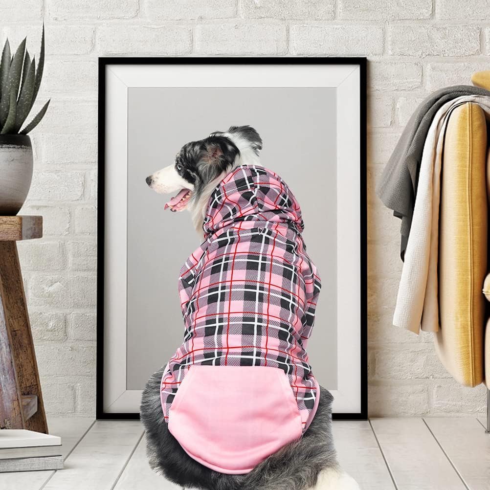 EXPAWLORER Plaid Dog Hoodie - British Style Soft and Warm Dog Sweater with Leash Hole, Hooded Cold Weather Clothes, Dog Sweatshirt, Outfits, Winter Coat for Small Medium Large Dogs