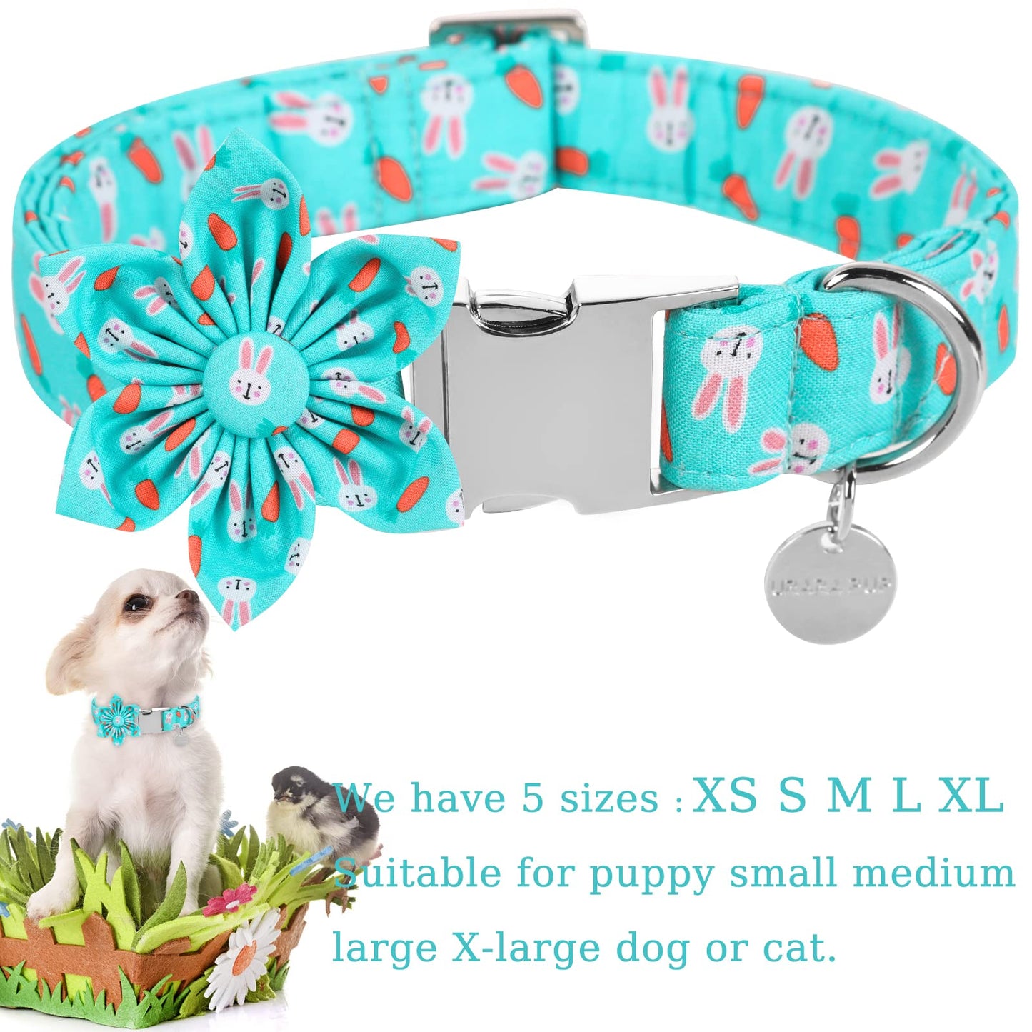 Easter Dog Collar with Bow Tie, Cotton Easter Bowtie Collar for Small Girl Boy Dog, Cute Carrot Pet Collar with Metal Buckle, Easter Day Gift Dog Collar, Blue, S, Neck 10-16in