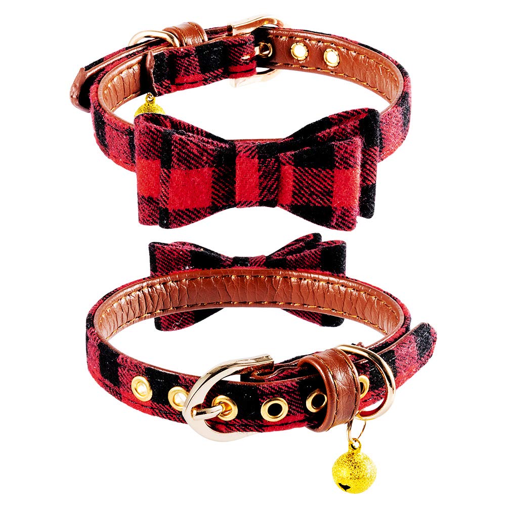 EXPAWLORER Dog Leash Set - Classic Plaid Dog Bow Tie and Dog Bandana Collar with Bell, Tangle Free, Adjustable Collars for Small Medium Large Dogs Cats, Holiday Ideal Gift