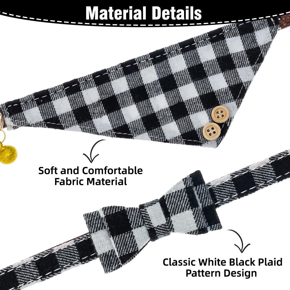 EXPAWLORER Dog Leash Set - Classic Plaid Dog Bow Tie and Dog Bandana Collar with Bell, Tangle Free, Adjustable Collars for Small Medium Large Dogs Cats, Holiday Ideal Gift