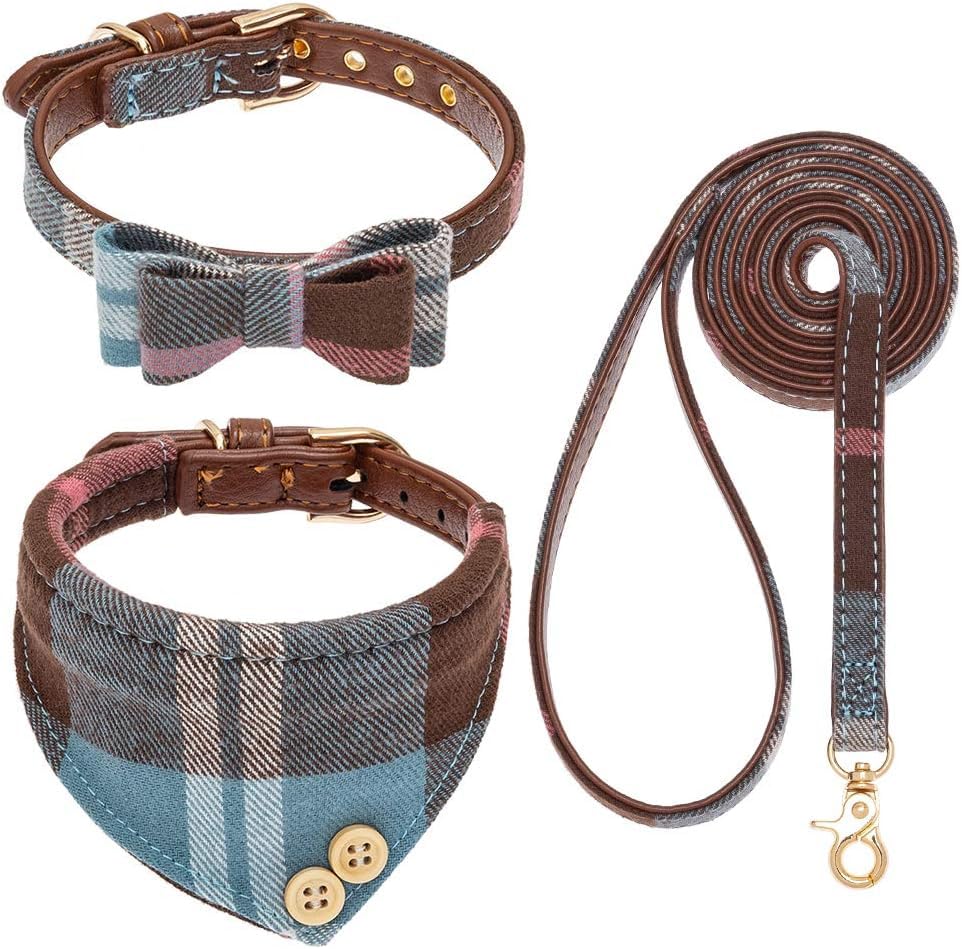 EXPAWLORER Dog Leash Set - Classic Plaid Dog Bow Tie and Dog Bandana Collar with Bell, Tangle Free, Adjustable Collars for Small Medium Large Dogs Cats, Holiday Ideal Gift