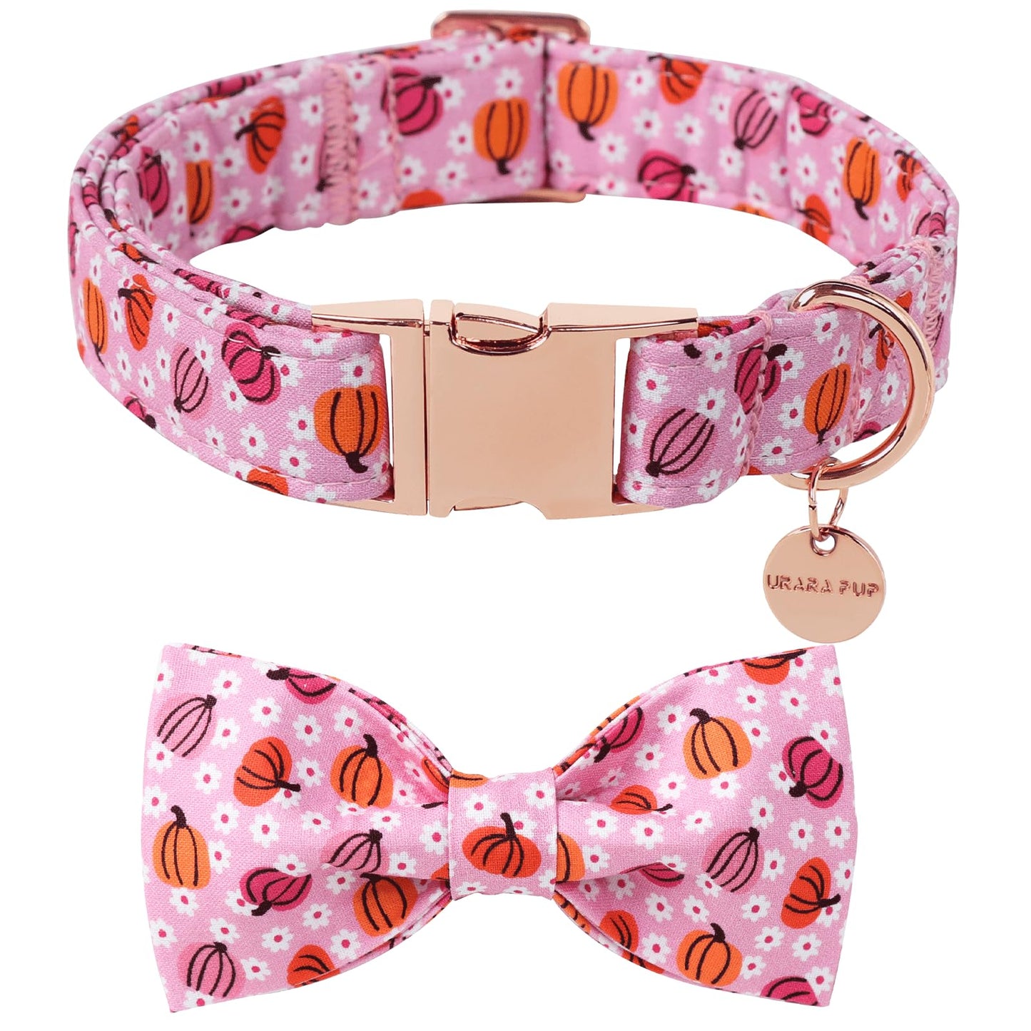 Dog Collar with Bow Tie, Comfortable Adjustable Cotton Bowtie Collar for Medium Girl Boy Dog, Fall Dog Collar with Metal Buckle, M, Neck 13.5-22in