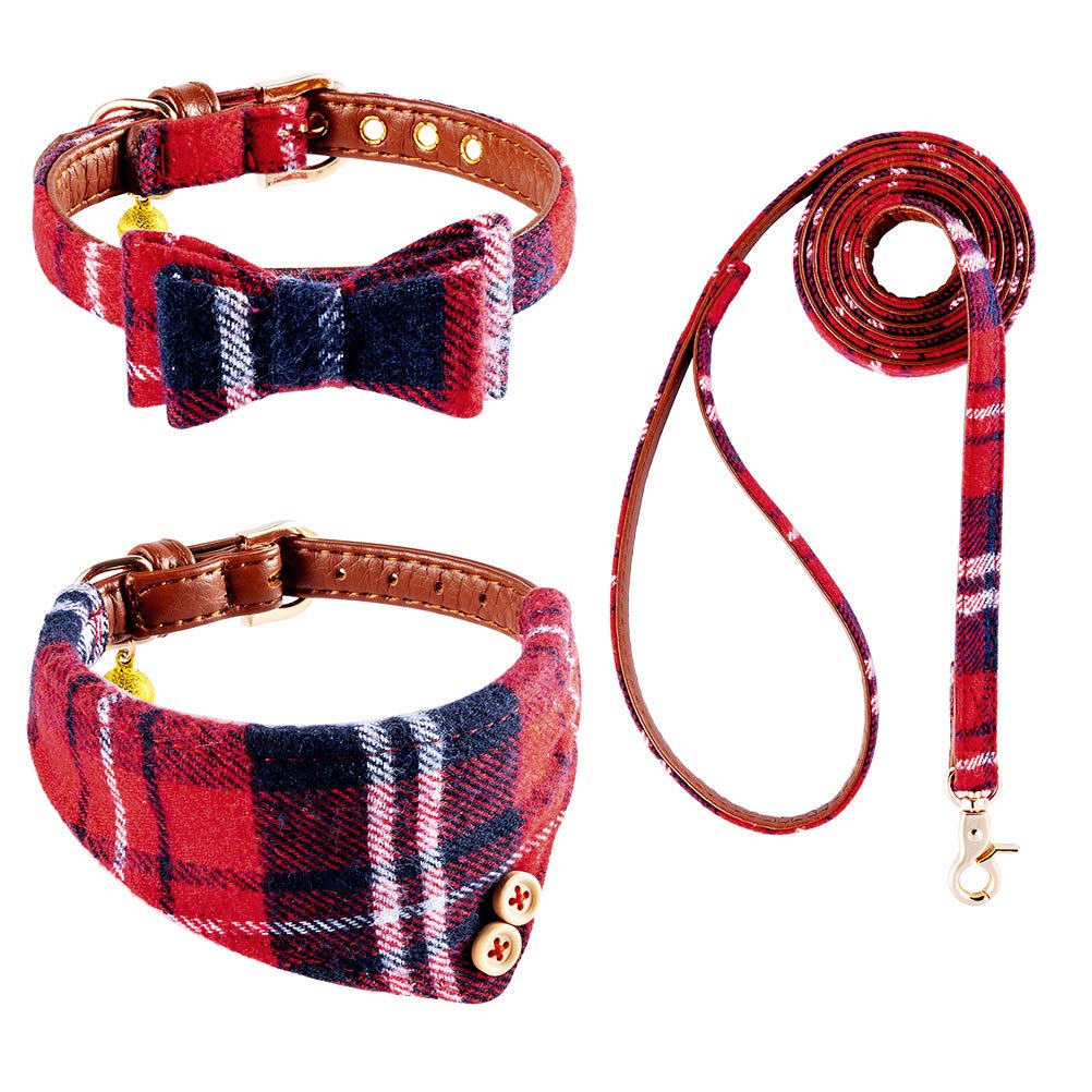 EXPAWLORER Dog Leash Set - Classic Plaid Dog Bow Tie and Dog Bandana Collar with Bell, Tangle Free, Adjustable Collars for Small Medium Large Dogs Cats, Holiday Ideal Gift