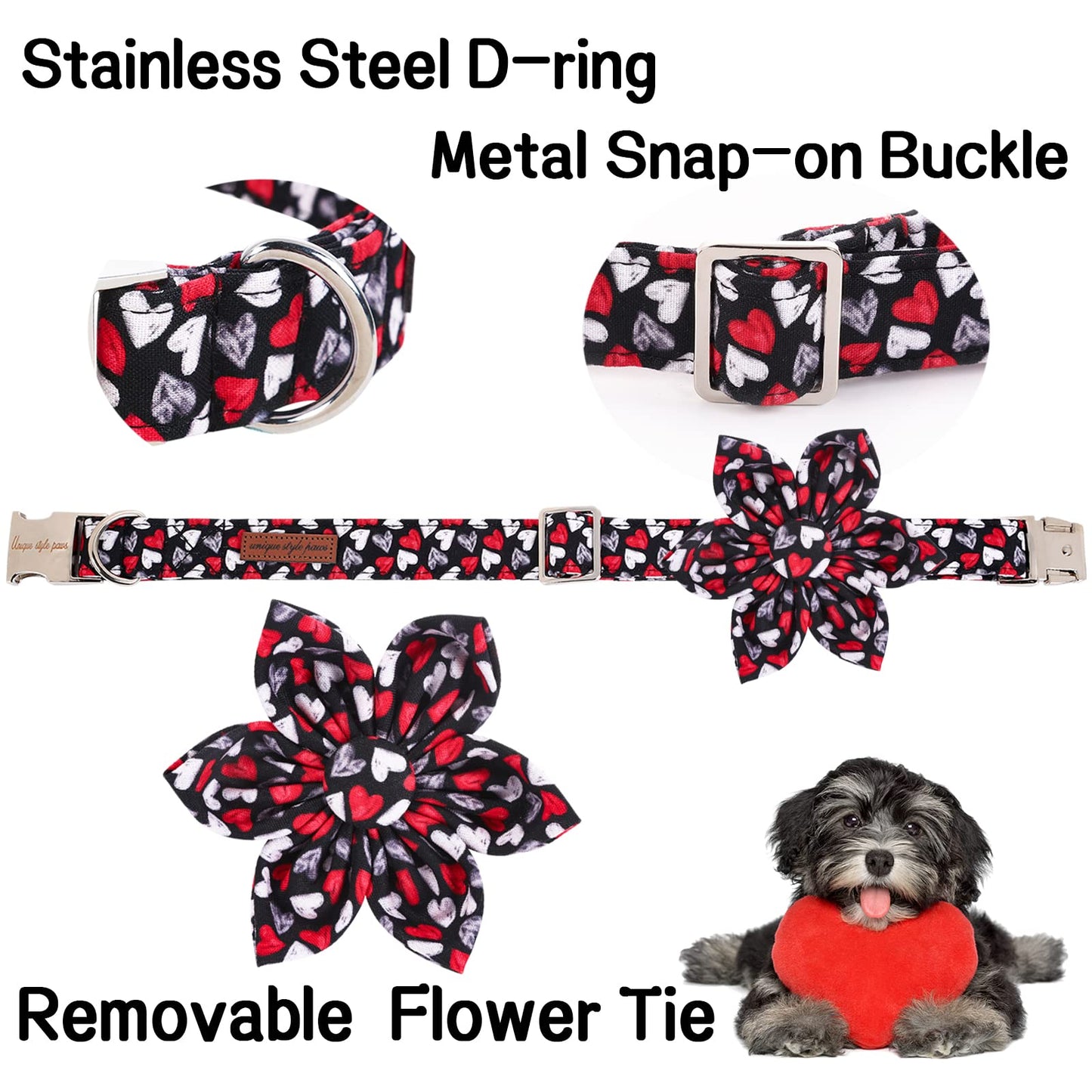 Unique style paws Valentine's Day Dog Collar with Bow Tie Black & Red Heart Puppy Collar Best Gothic Style Gift for Small Medium Large Boys Girls-M