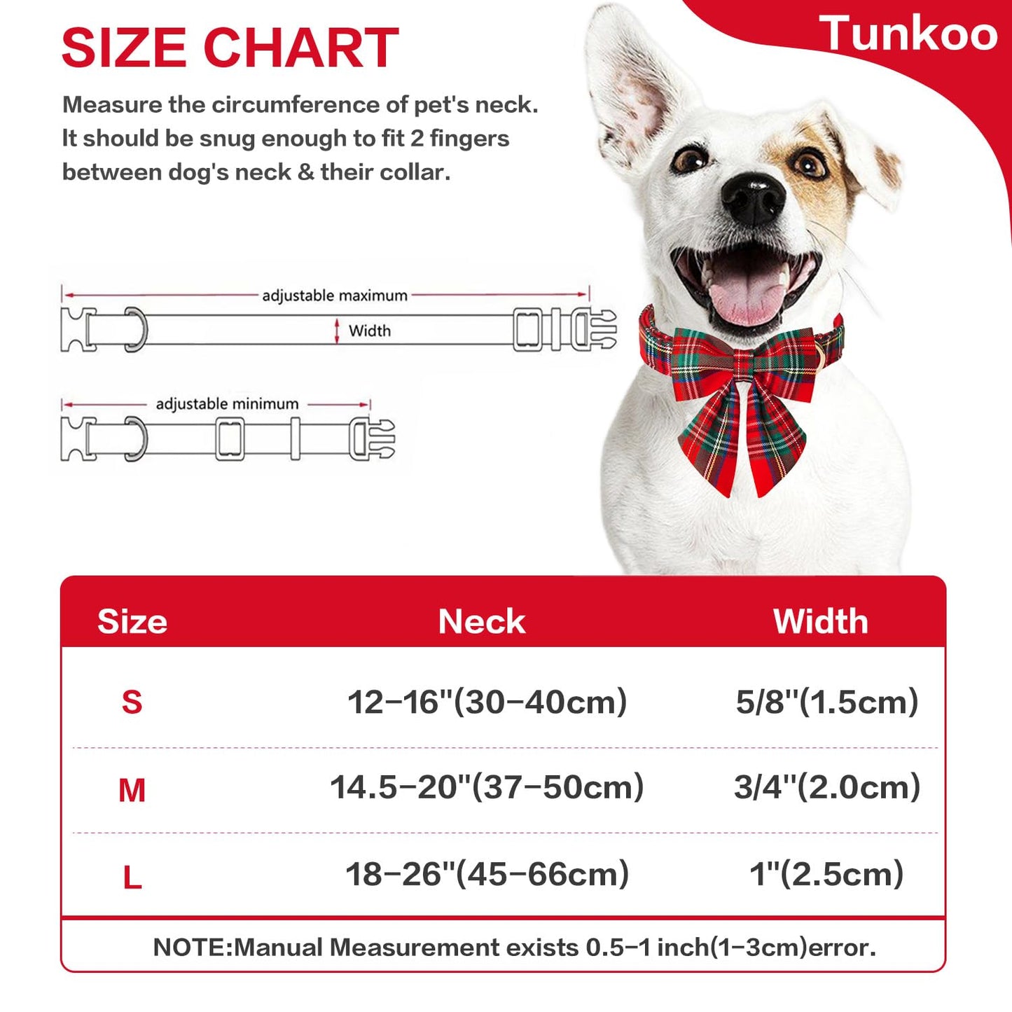 Tunkoo Christmas Dog Collar with Pretty Bow Tie - Red & Green Plaid Pet Collar, Adjustable Available in Small Medium Large, Gift for Girls Boys Dog, S