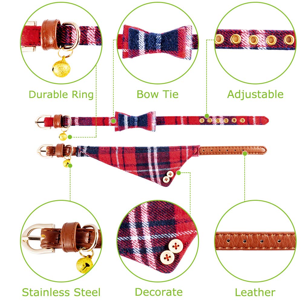 EXPAWLORER Dog Leash Set - Classic Plaid Dog Bow Tie and Dog Bandana Collar with Bell, Tangle Free, Adjustable Collars for Small Medium Large Dogs Cats, Holiday Ideal Gift