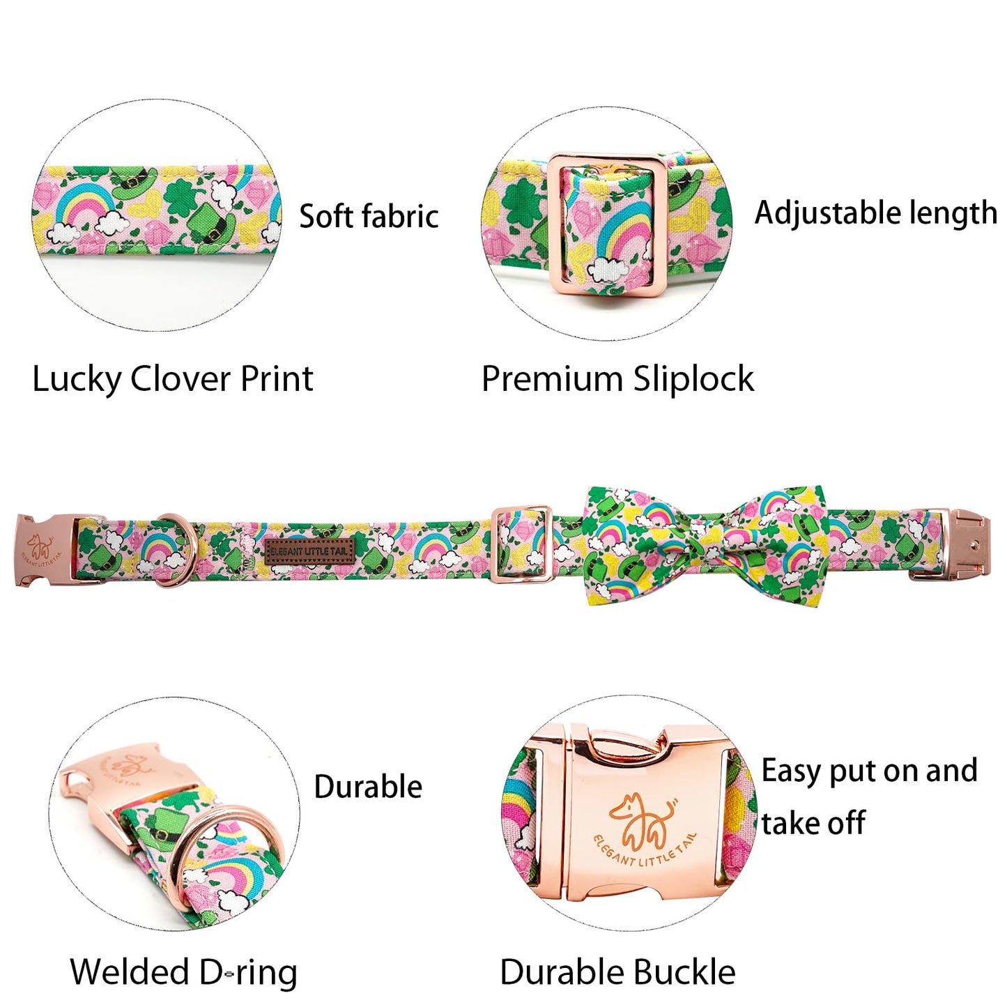 Elegant little tail Dog Collar with Bow, Lucky Clover Bow Tie Dog Collar, Cute Dog Bowtie Pet Gift Dog Collar for Medium Dogs