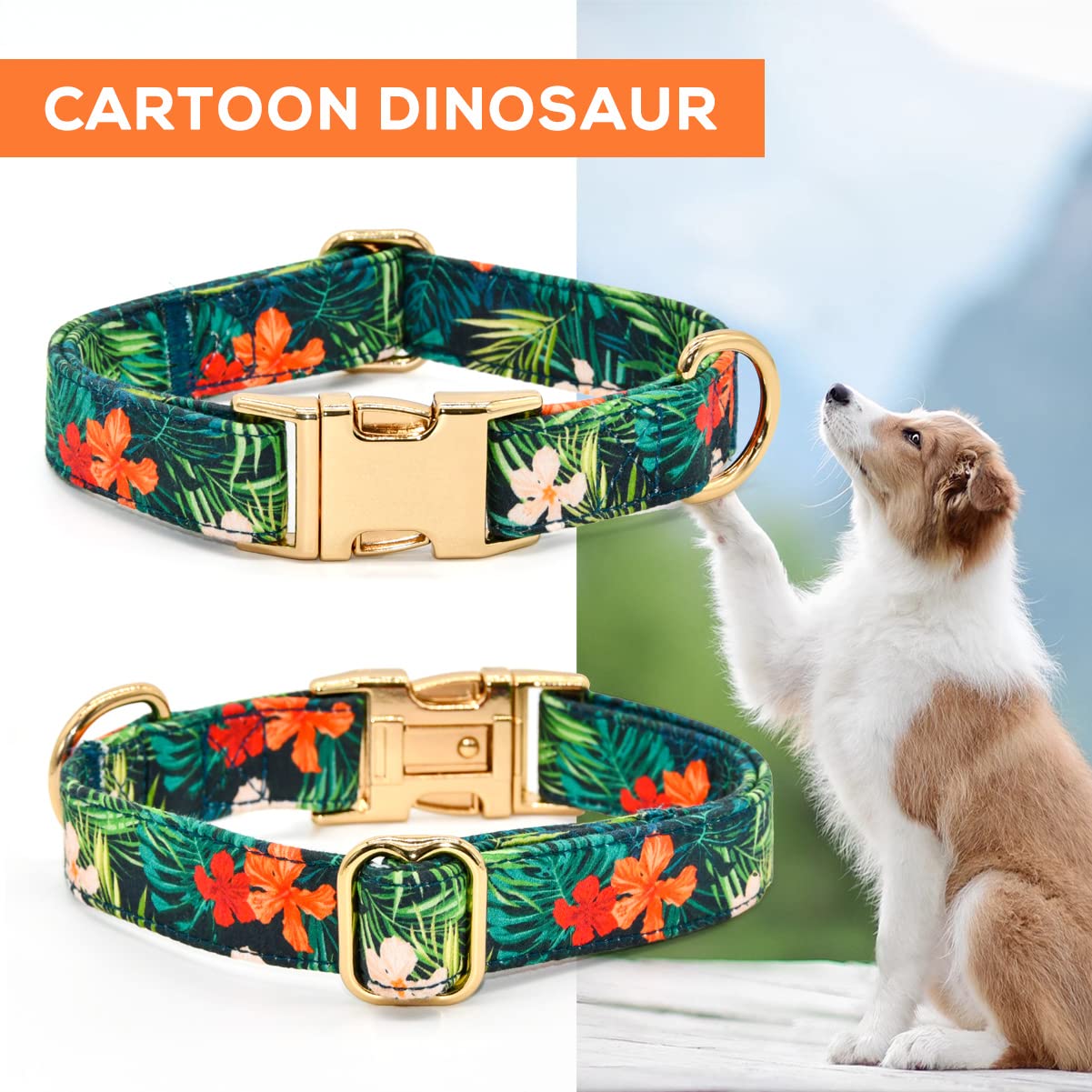 Summer Dog Collars with Bow Tie, Floral Tropical Leaf Bowtie Accessory for Dogs, Gold Metal Accessories Collars for Small Medium Large Dogs, S (10" -16")