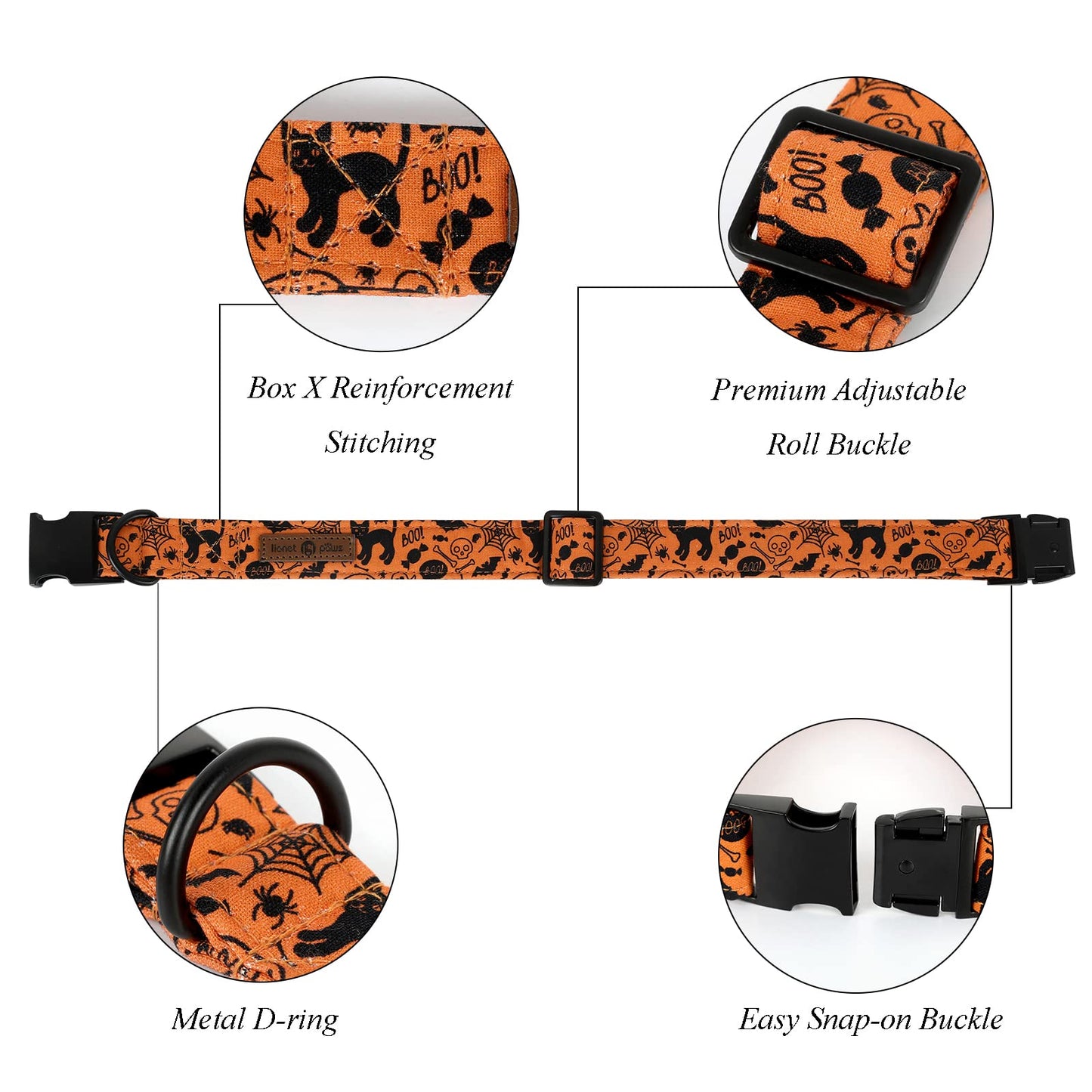 Lionet Paws Halloween Dog Collar with Bowtie - Cute Cotton Adjustable Fall Bowtie Dog Collar with Metal Buckle for Small Medium Large Dog Girl Boy Gift, M, Neck 13.5-22in