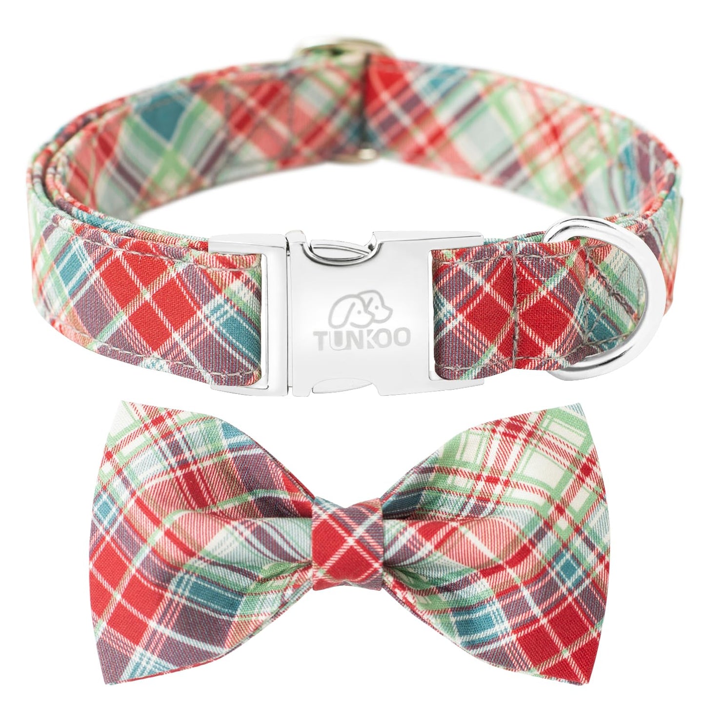 Tunkoo Christmas Dog Collar with Pretty Bow Tie - Red & Green Plaid Pet Collar, Adjustable Available in Small Medium Large, Gift for Girls Boys Dog, S