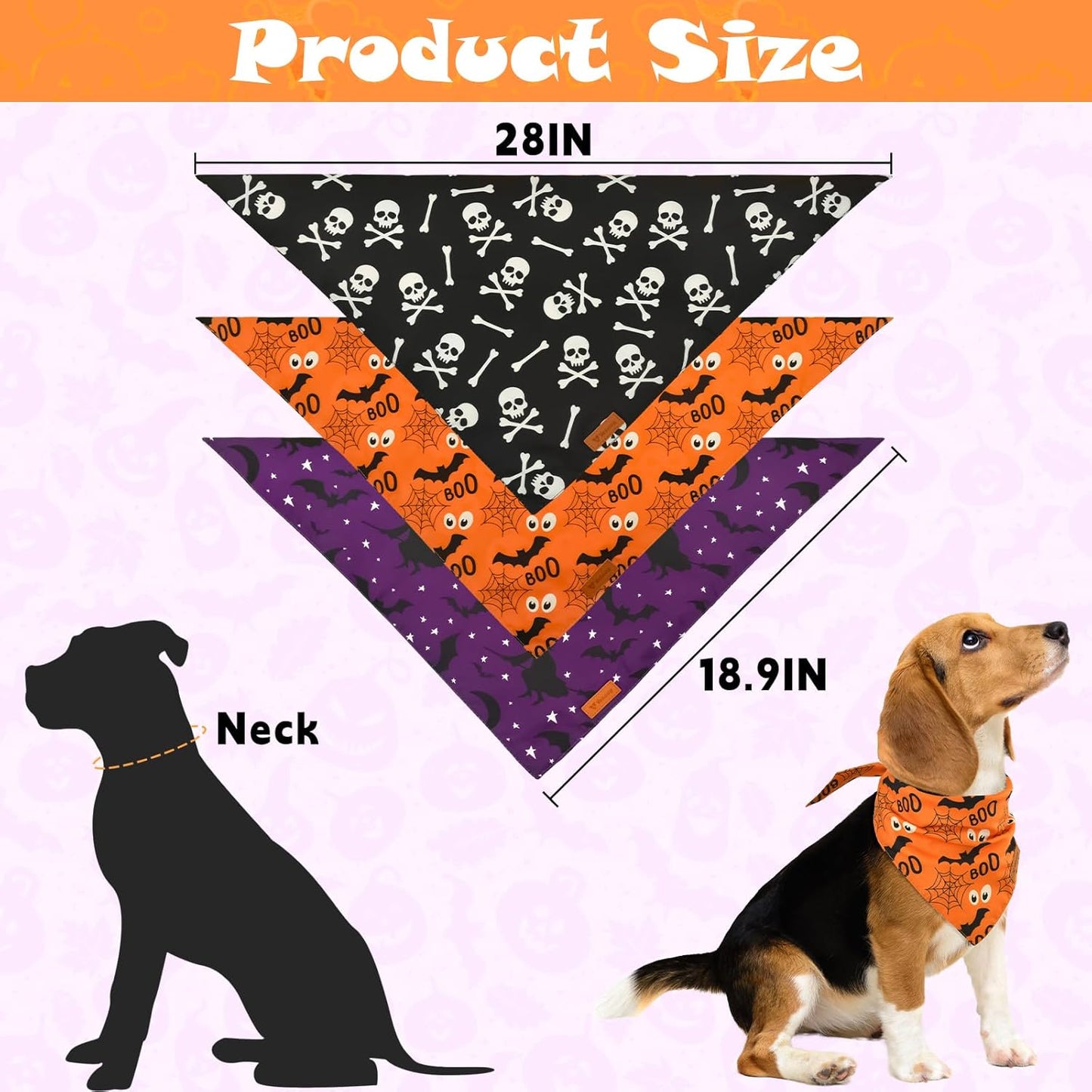 Vehomy 3-Pack Halloween Dog Bandana Pet Halloween Bandanas Reversible Dog Cat Halloween Bandanas Triangle Scarfs Bibs with Spiders Bats Pumpkins Patterns for Puppy Kitten Small Medium Large Dogs