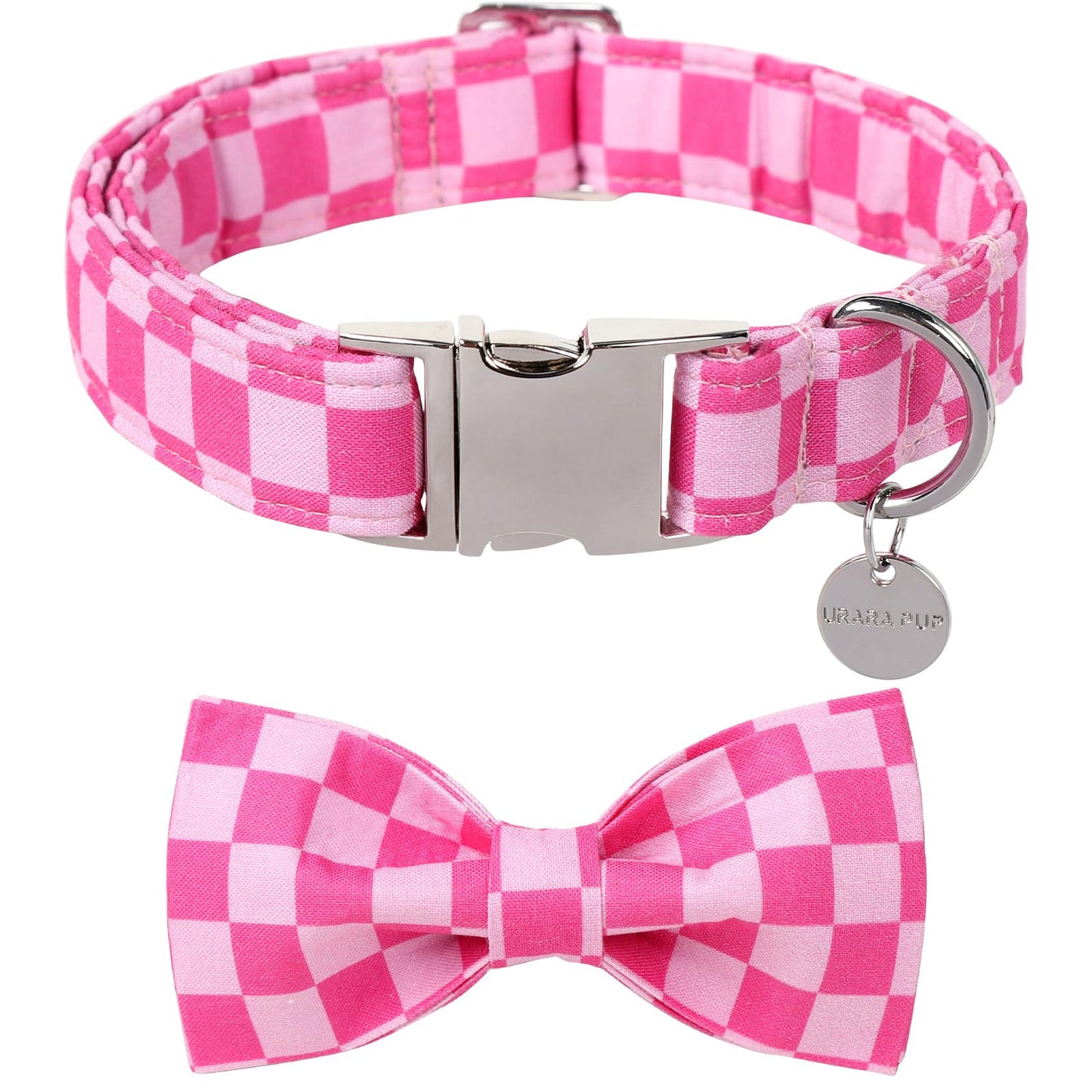 Dog Collar with Bow Tie,UP URARA PUP Pink Plaid Bowtie Dog Collar, Summer Bowtie Collar for Puppy Boy Girl Dog, Comfortable Cotton Dog Collar with Metal Buckle,M,Neck 13.5-22in