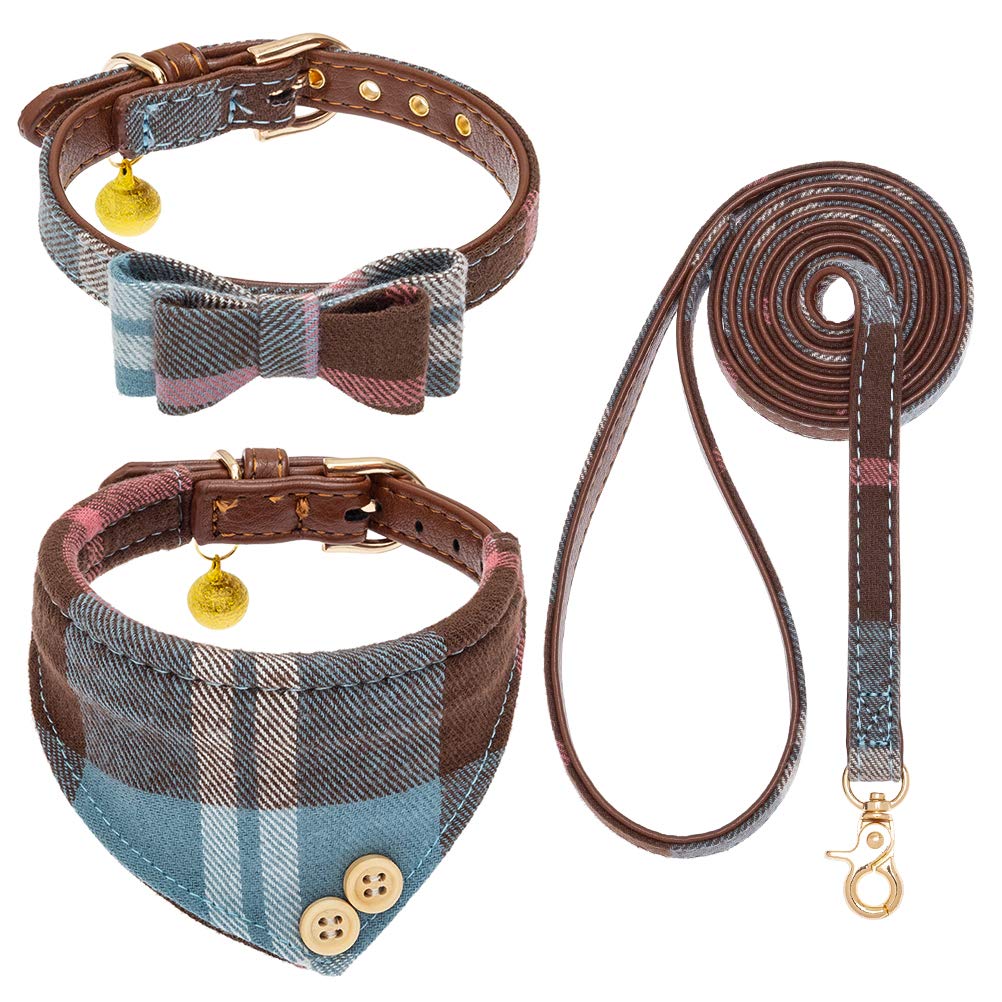 EXPAWLORER Dog Leash Set - Classic Plaid Dog Bow Tie and Dog Bandana Collar with Bell, Tangle Free, Adjustable Collars for Small Medium Large Dogs Cats, Holiday Ideal Gift