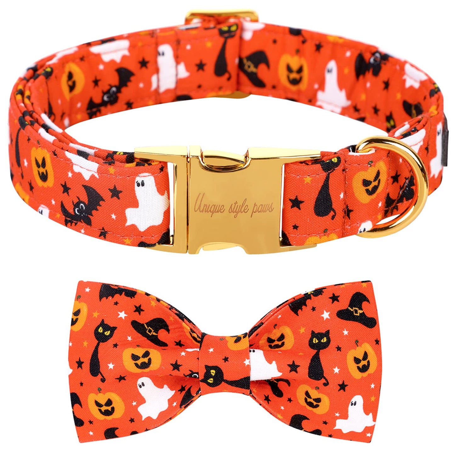 Unique style paws Halloween Dog Collar with Bow Tie Pumpkin Cotton Collar Adjustable Puppy Collar for Small Medium Large Dogs-S