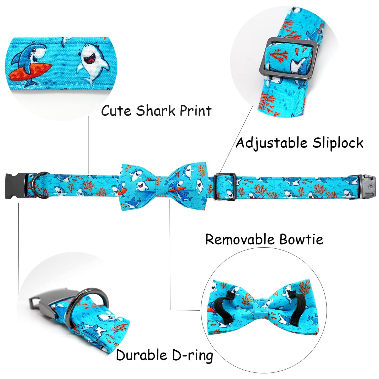 Dog Collar, Shark Print Bowtie Dog Collar Boy Pet Collar Bow Tie Collar for Dogs Soft Durable Adjustable Dog Collars for Small Dogs