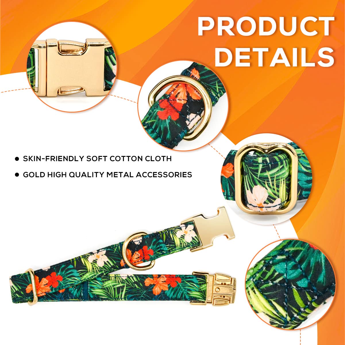 Summer Dog Collars with Bow Tie, Floral Tropical Leaf Bowtie Accessory for Dogs, Gold Metal Accessories Collars for Small Medium Large Dogs, S (10" -16")