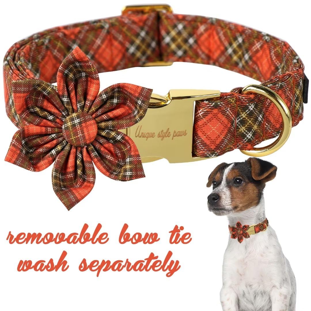 Unique Style Paws Cotton Dog Collar with Bow Halloween Pumpkin Plaid Dog Collar with Bow Tie for Small Medium Large Dogs Pets Gifts