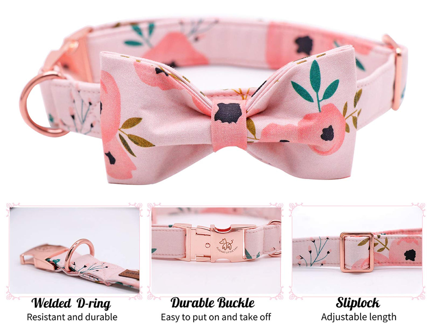 Elegant little tail Vintage Floral Dog Collar with Bow, Comfotable Dog Bowtie, Dog Collar Bow Adjustable Dog Collars for Small Medium Large Dogs