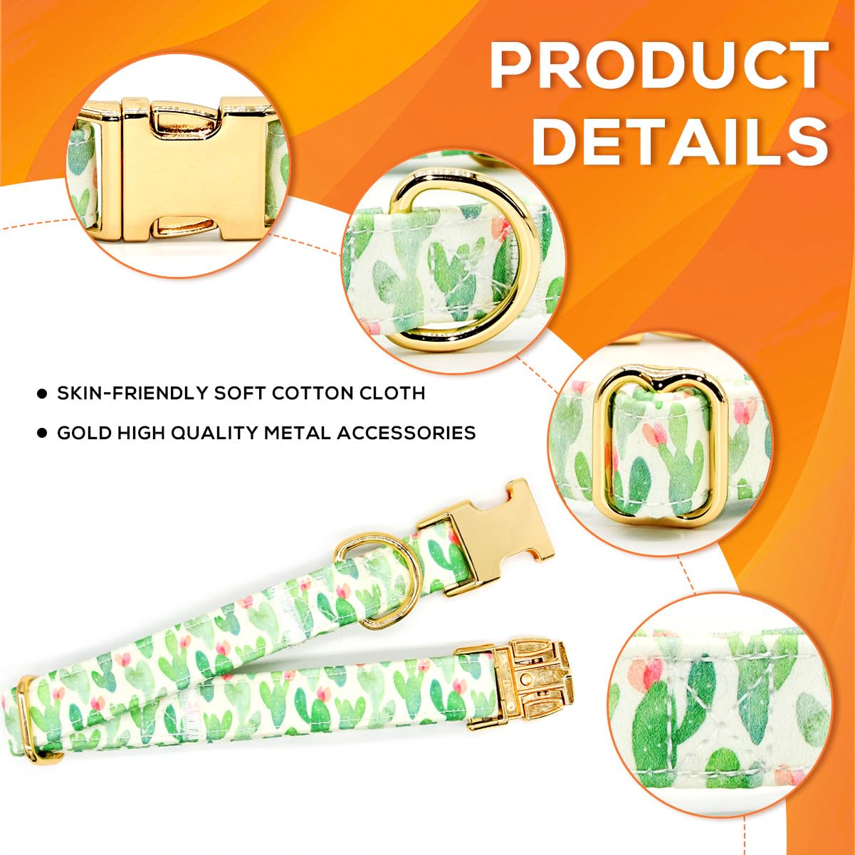 Summer Dog Collars with Bow Tie, Floral Tropical Leaf Bowtie Accessory for Dogs, Gold Metal Accessories Collars for Small Medium Large Dogs, S (10" -16")