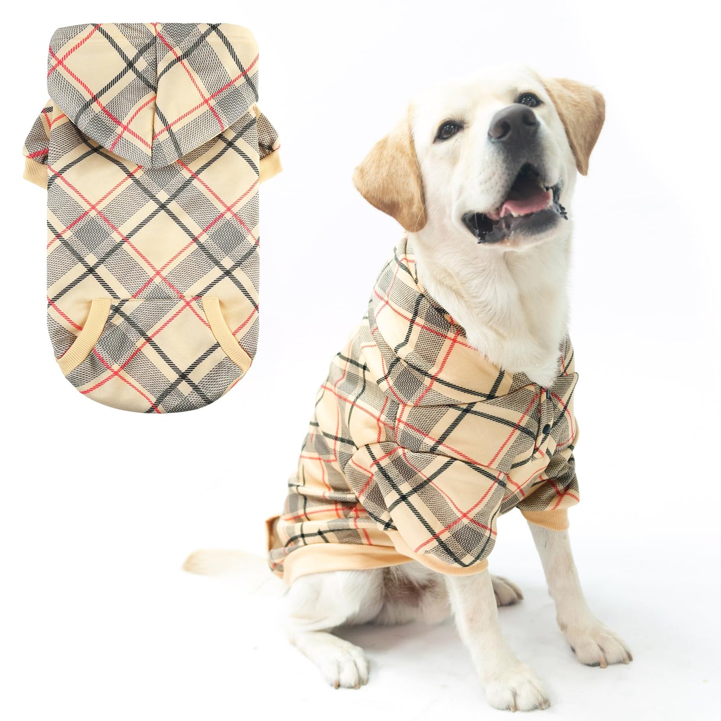 EXPAWLORER Plaid Dog Hoodie - British Style Soft and Warm Dog Sweater with Leash Hole, Hooded Cold Weather Clothes, Dog Sweatshirt, Outfits, Winter Coat for Small Medium Large Dogs