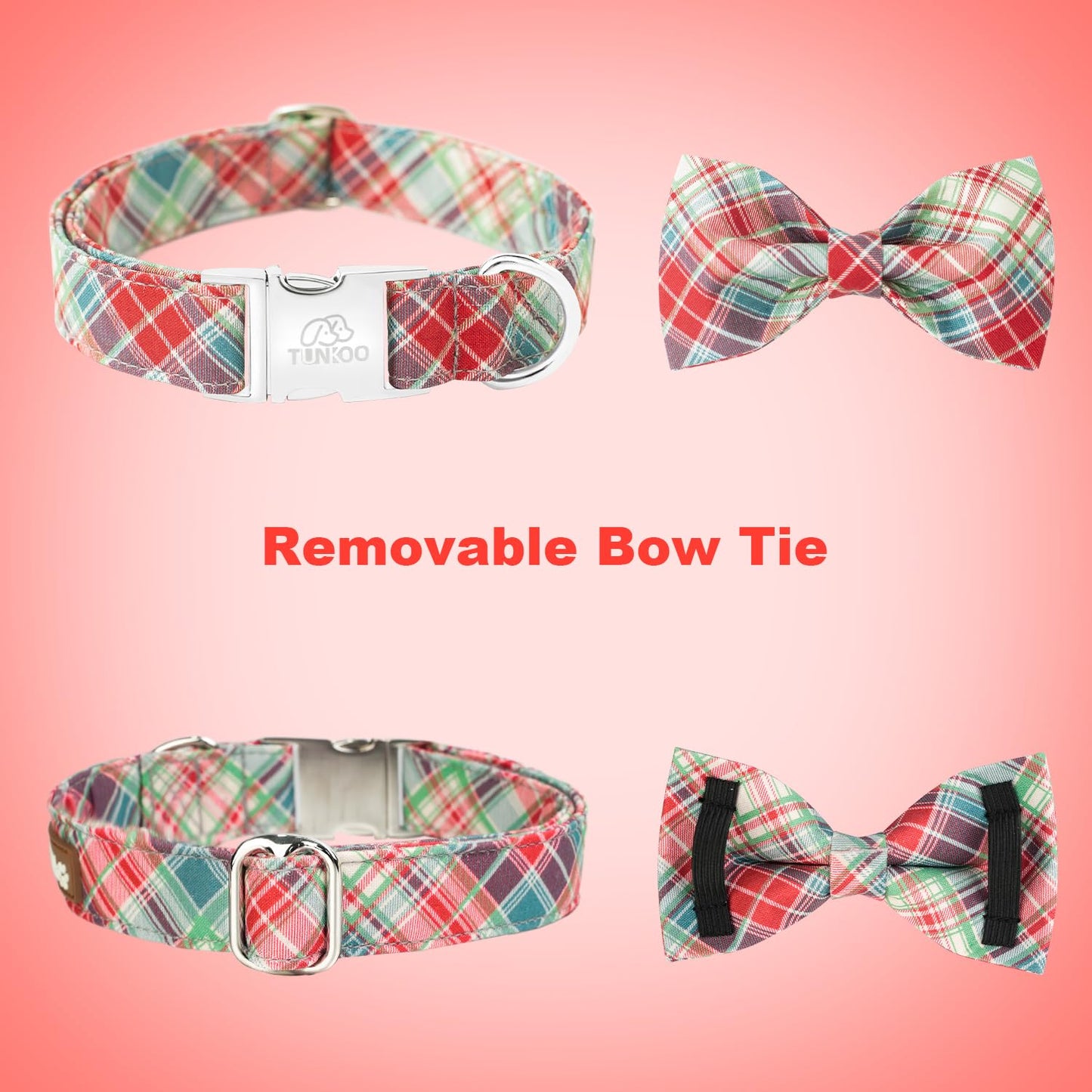 Tunkoo Christmas Dog Collar with Pretty Bow Tie - Red & Green Plaid Pet Collar, Adjustable Available in Small Medium Large, Gift for Girls Boys Dog, S