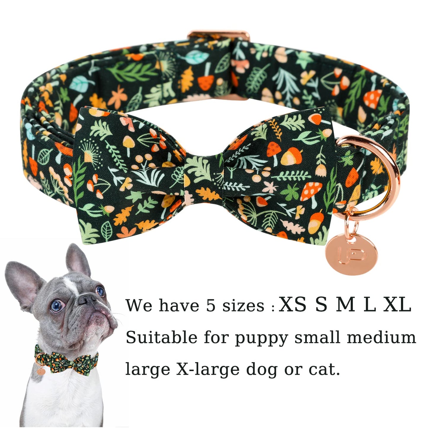 Dog Collar with Bow Tie, Comfortable Adjustable Cotton Bowtie Collar for Medium Girl Boy Dog, Fall Dog Collar with Metal Buckle, M, Neck 13.5-22in