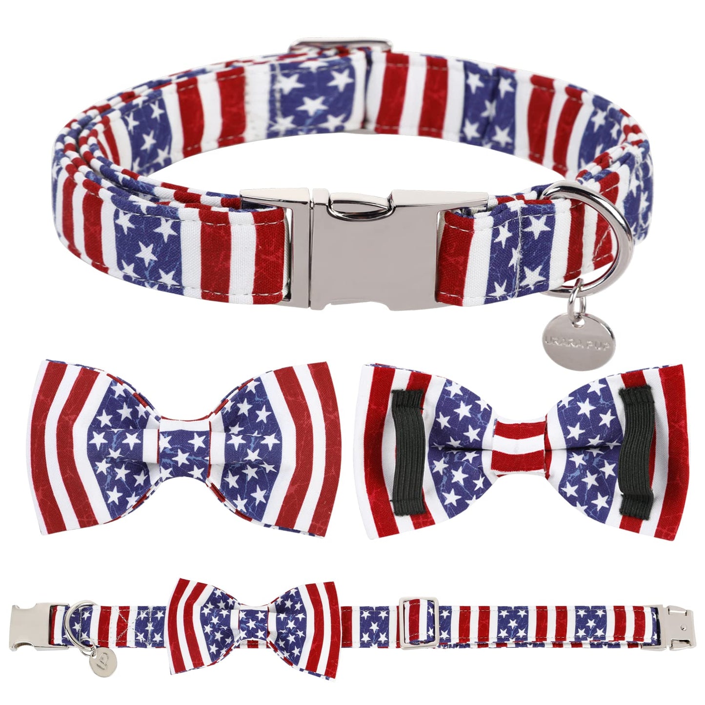 American Flag Dog Collar with Bow Tie, 4th of July Comfortable Cotton Cute Dog Collar with Metal Buckle, Patriotic Bowtie Collar for Puppy Girl Boy Dog, XL, Neck 16-26in