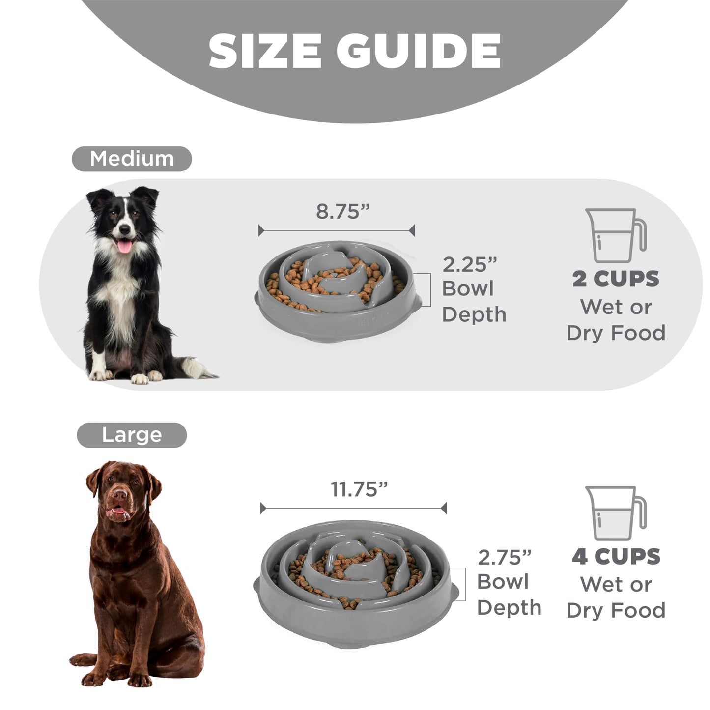 Outward Hound Fun Feeder Slo Bowl, Medium Slow Feeder Dog Bowl, 2 Cups, Gray