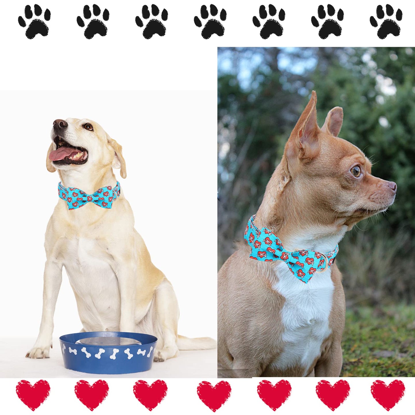 Unique style paws Valentine's Day Dog Collar with Bow Tie Black & Red Heart Puppy Collar Best Gothic Style Gift for Small Medium Large Boys Girls-M