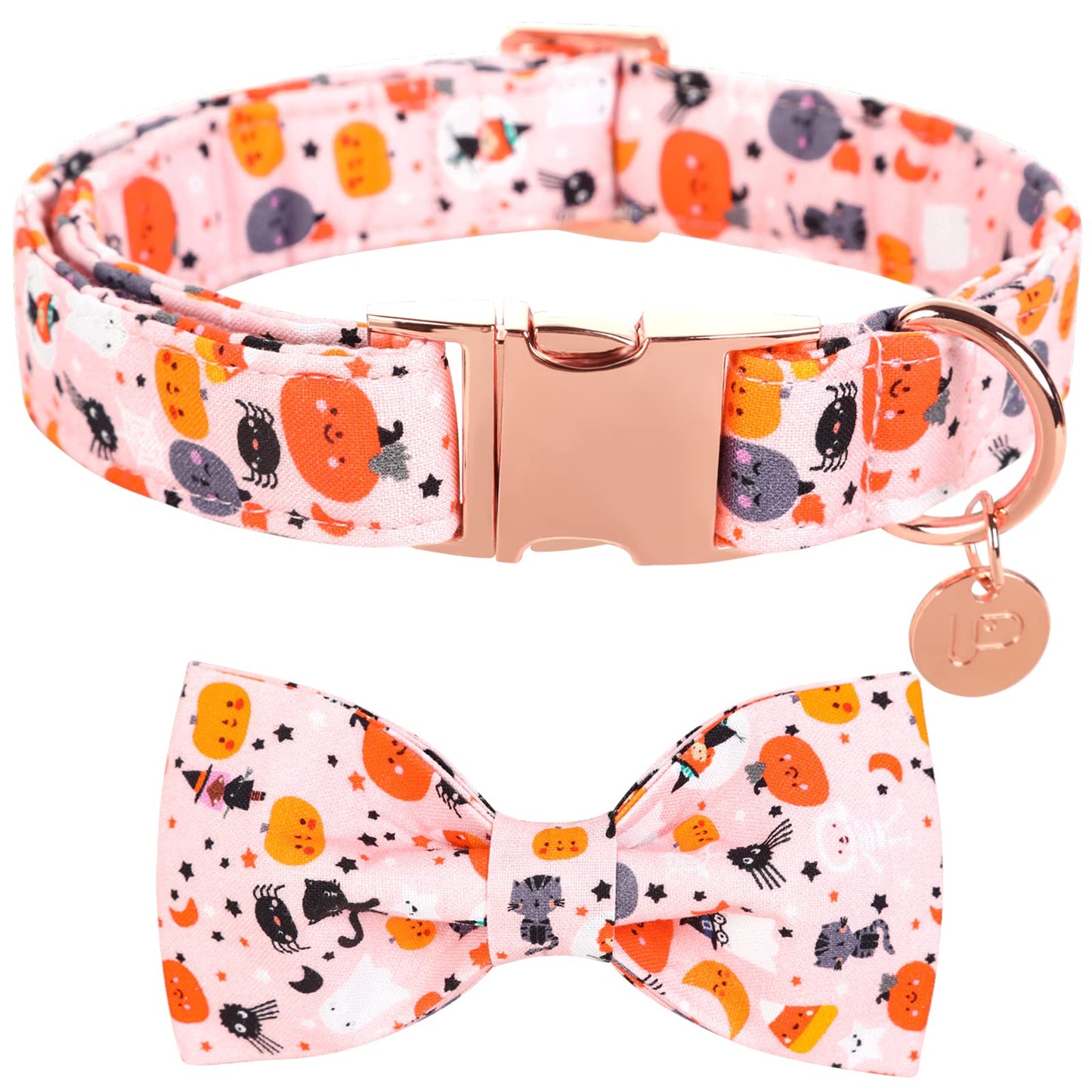 Dog Collar with Bow Tie, Comfortable Adjustable Cotton Bowtie Collar for Medium Girl Boy Dog, Fall Dog Collar with Metal Buckle, M, Neck 13.5-22in