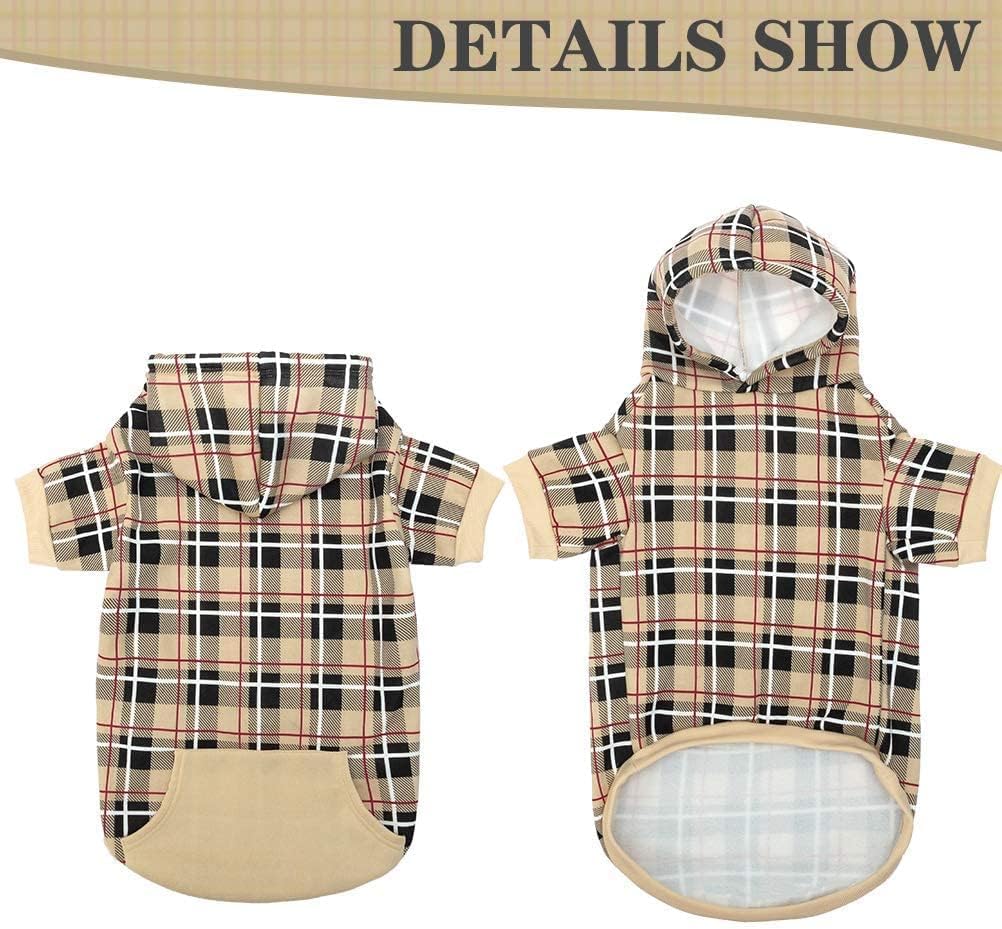 EXPAWLORER Plaid Dog Hoodie - British Style Soft and Warm Dog Sweater with Leash Hole, Hooded Cold Weather Clothes, Dog Sweatshirt, Outfits, Winter Coat for Small Medium Large Dogs