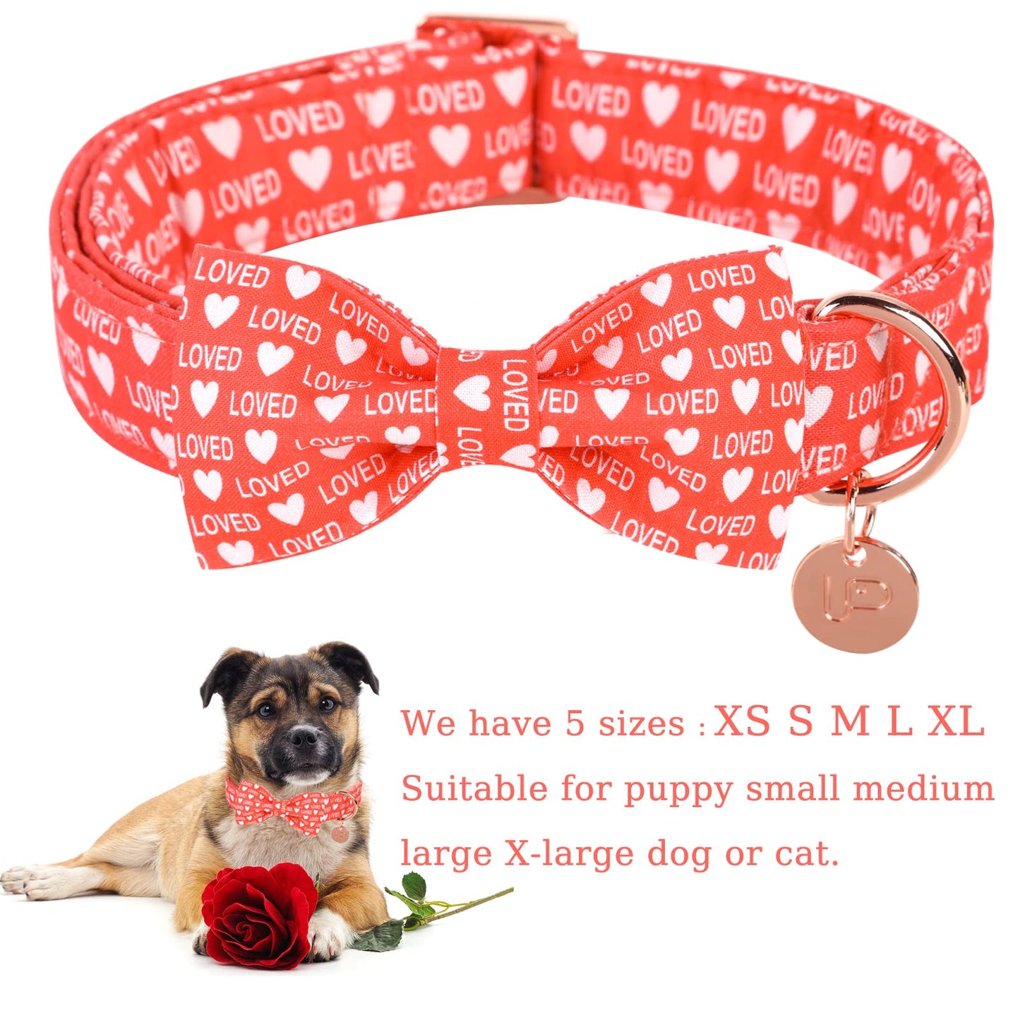 Valentine’s Day Dog Collar with Bow Tie, Valentine Bowtie Collar with Metal Buckle, Valentine’s Day Gift Pet Collar for Medium Girl Boy Dog, Wedding Dog Collar, Red, M, Neck 13.5-22in