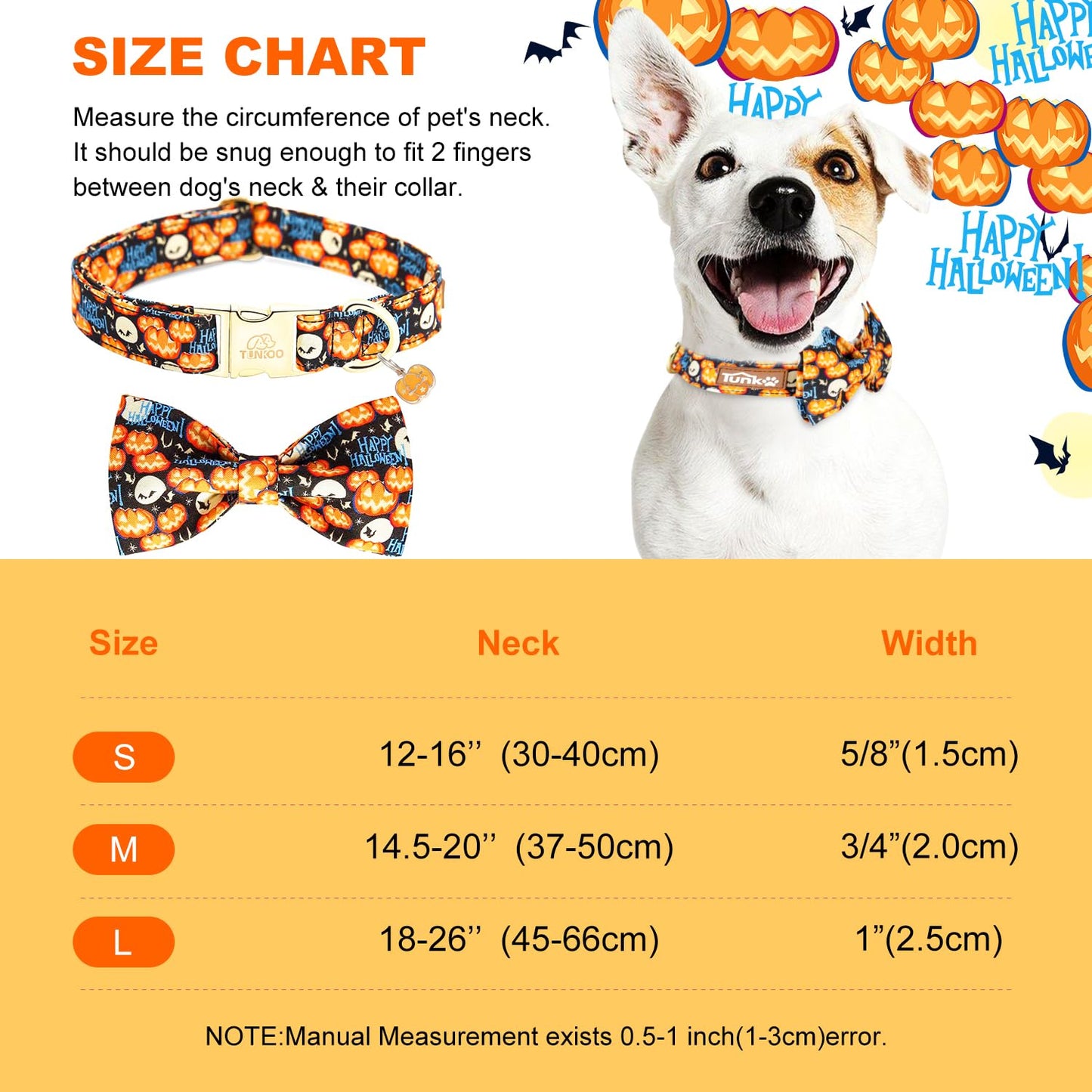 Tunkoo Happy Halloween Dog Collar with Pumpkin - Durable, Adjustable, and Stylish Pet Collar Available in Small, Medium, Large S