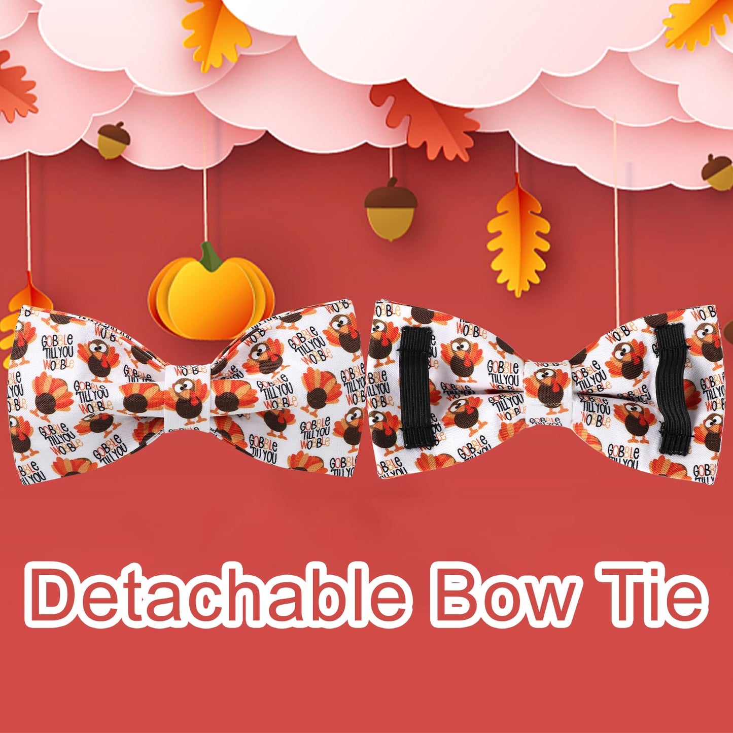 Thanksgiving Dog Collar with Bow Tie, Turkey Cotton Bowtie Collar for Puppy Girl Dog or Cat, Autumn Bow Tie Collar with Durable Metal Buckle, Turkeys Pet Collar, S, Neck 10-16in