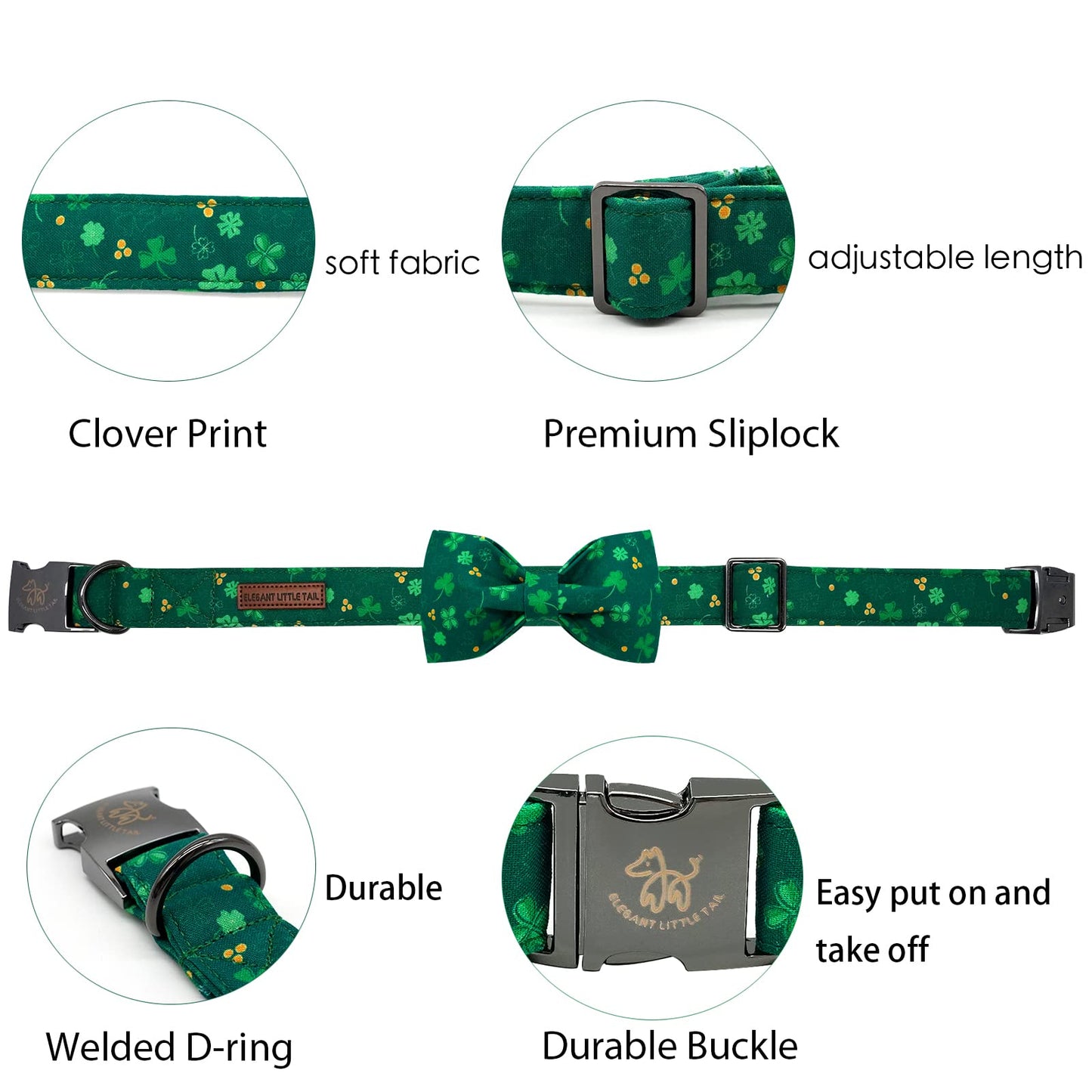 Elegant little tail Dog Collar with Bow, Lucky Clover Bow Tie Dog Collar, Cute Dog Bowtie Pet Gift Dog Collar for Medium Dogs