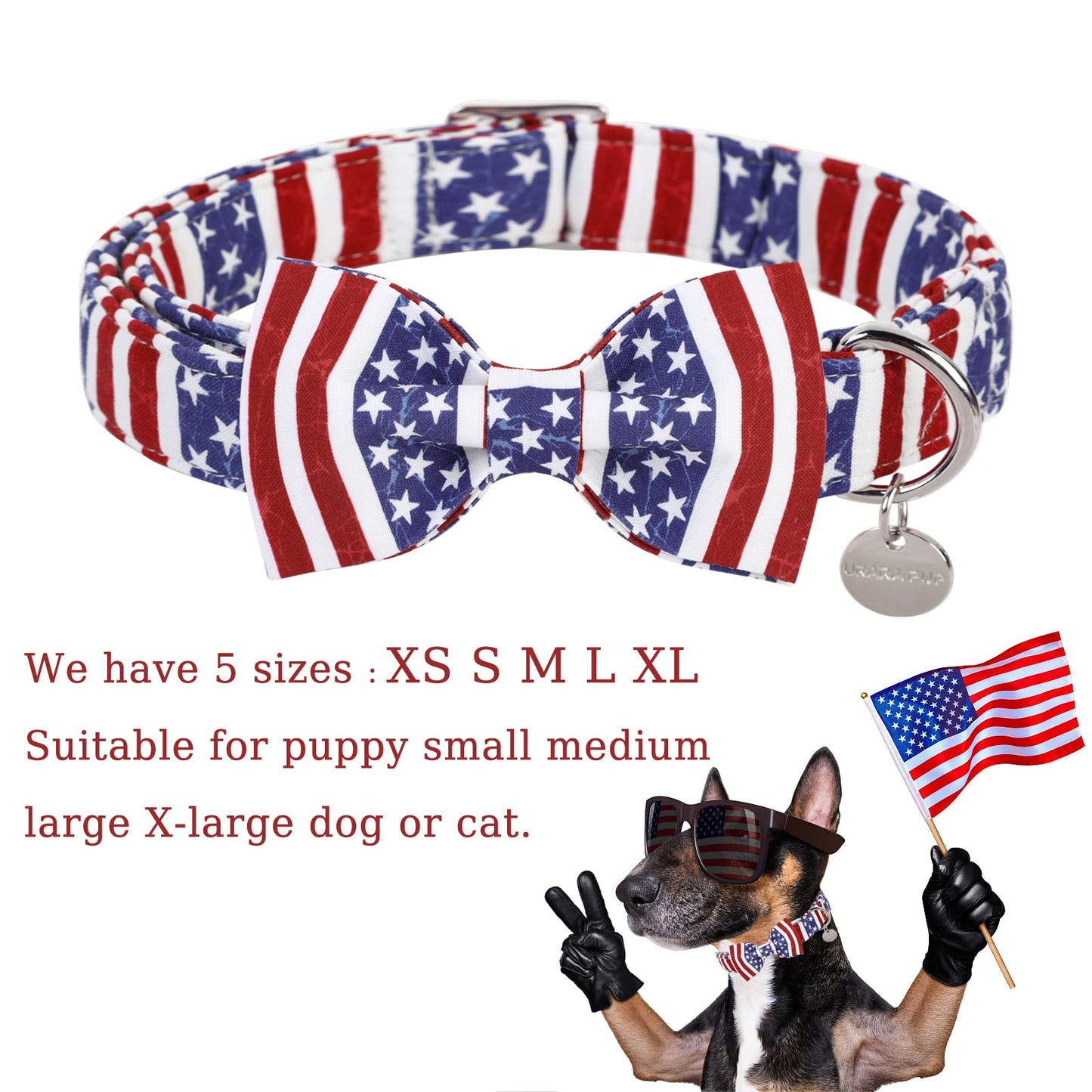 American Flag Dog Collar with Bow Tie, 4th of July Comfortable Cotton Cute Dog Collar with Metal Buckle, Patriotic Bowtie Collar for Puppy Girl Boy Dog, XL, Neck 16-26in