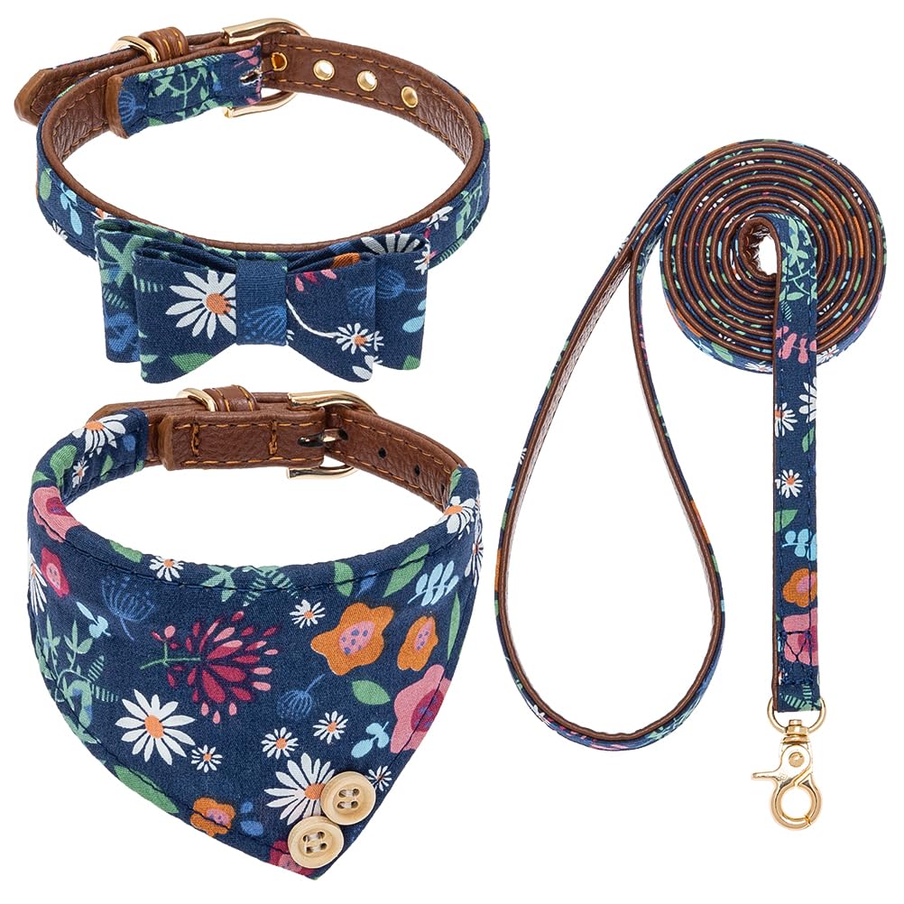 EXPAWLORER Dog Leash Set - Classic Plaid Dog Bow Tie and Dog Bandana Collar with Bell, Tangle Free, Adjustable Collars for Small Medium Large Dogs Cats, Holiday Ideal Gift