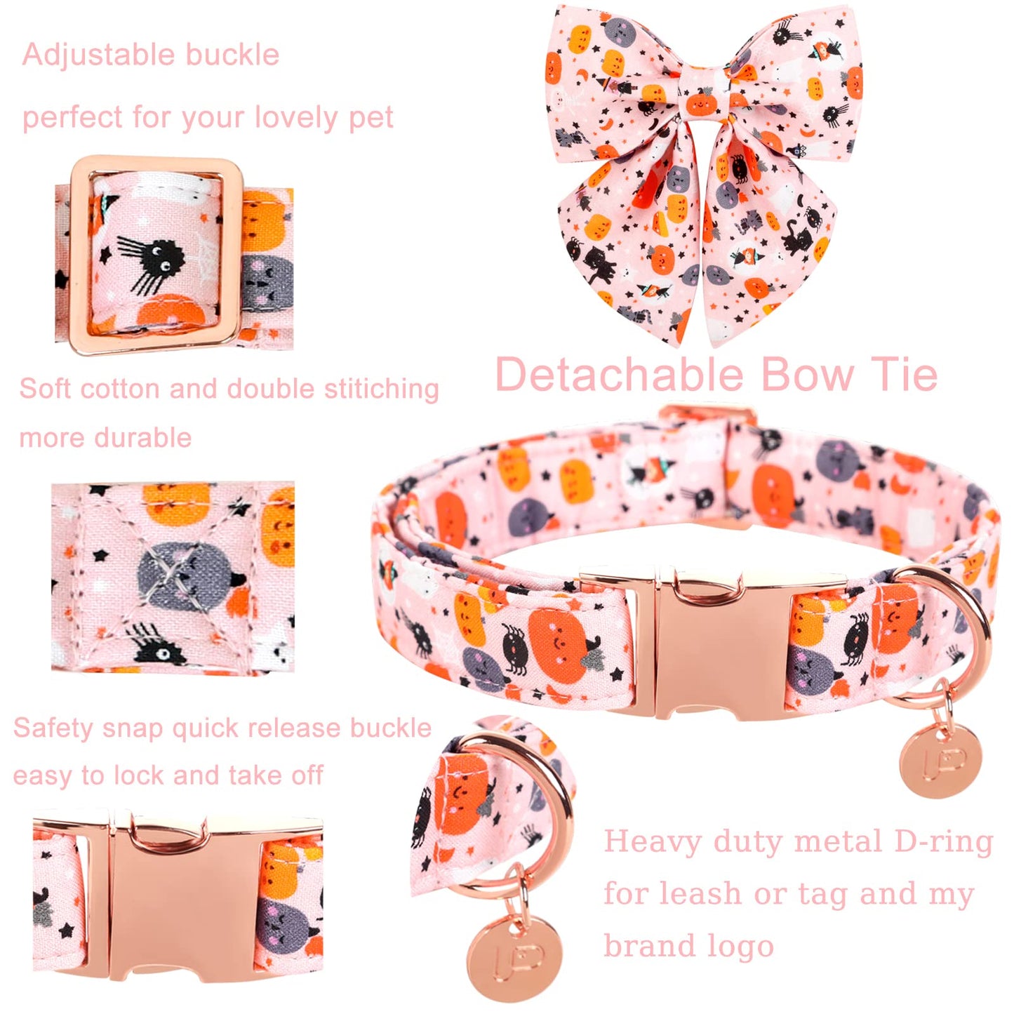 Dog Collar with Bow Tie, Comfortable Adjustable Cotton Bowtie Collar for Medium Girl Boy Dog, Fall Dog Collar with Metal Buckle, M, Neck 13.5-22in