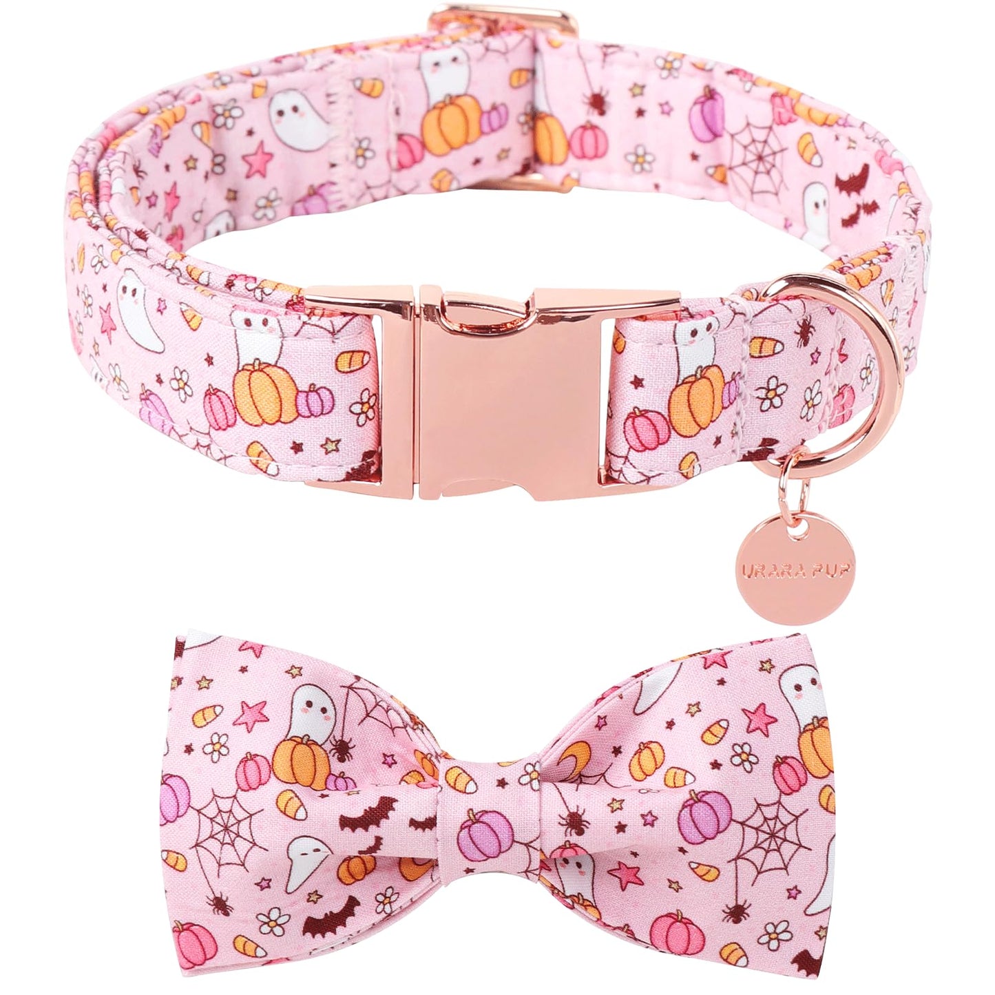 Dog Collar with Bow Tie, Comfortable Adjustable Cotton Bowtie Collar for Medium Girl Boy Dog, Fall Dog Collar with Metal Buckle, M, Neck 13.5-22in