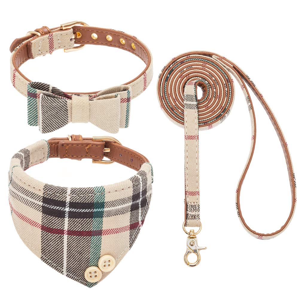 EXPAWLORER Dog Leash Set - Classic Plaid Dog Bow Tie and Dog Bandana Collar with Bell, Tangle Free, Adjustable Collars for Small Medium Large Dogs Cats, Holiday Ideal Gift