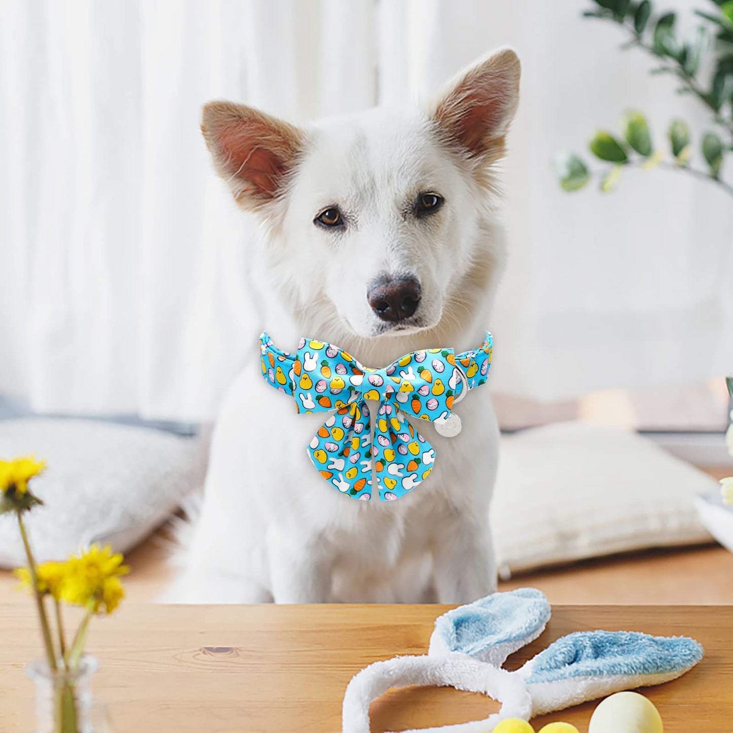 Easter Dog Collar with Bow Tie, Cotton Easter Bowtie Collar for Small Girl Boy Dog, Cute Carrot Pet Collar with Metal Buckle, Easter Day Gift Dog Collar, Blue, S, Neck 10-16in