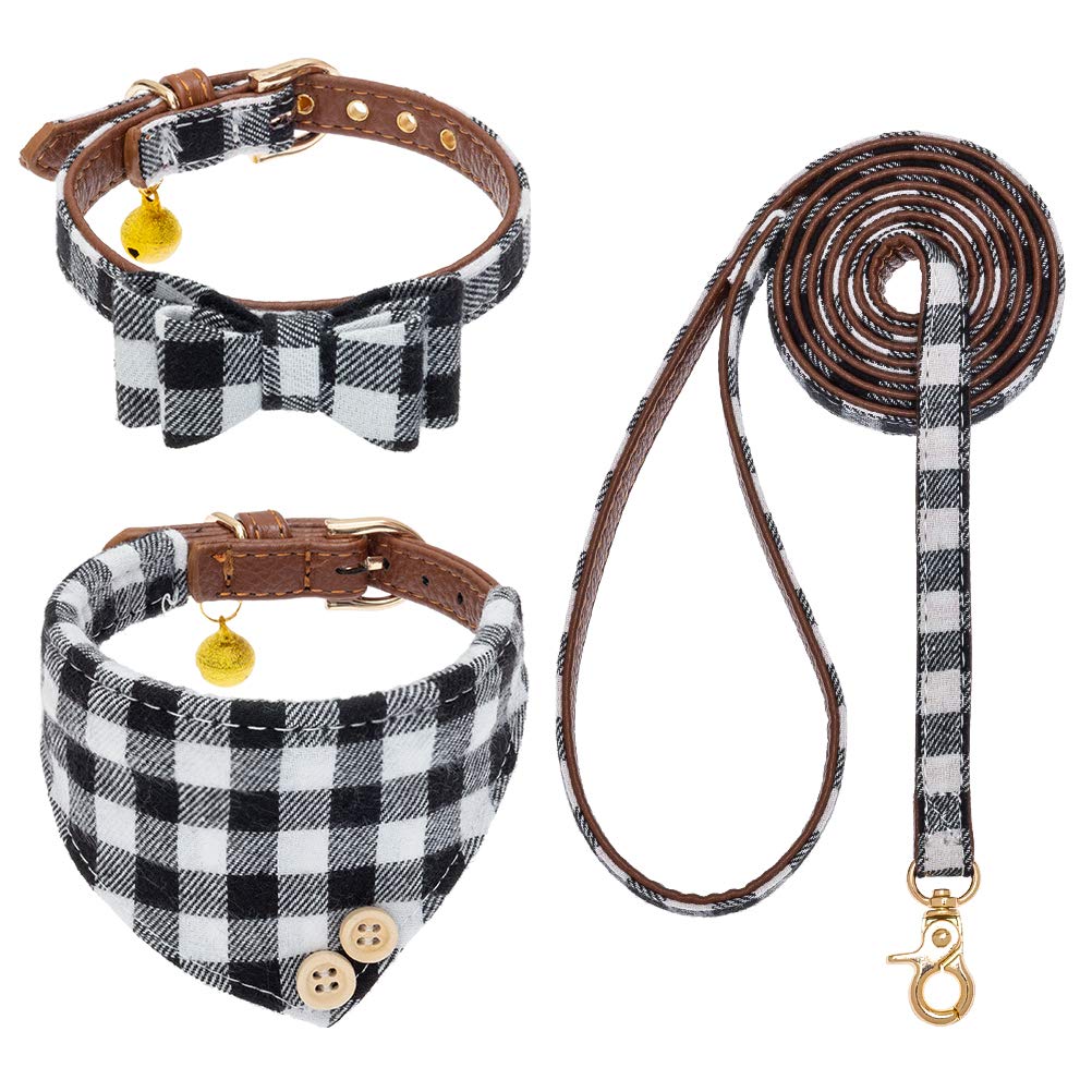 EXPAWLORER Dog Leash Set - Classic Plaid Dog Bow Tie and Dog Bandana Collar with Bell, Tangle Free, Adjustable Collars for Small Medium Large Dogs Cats, Holiday Ideal Gift