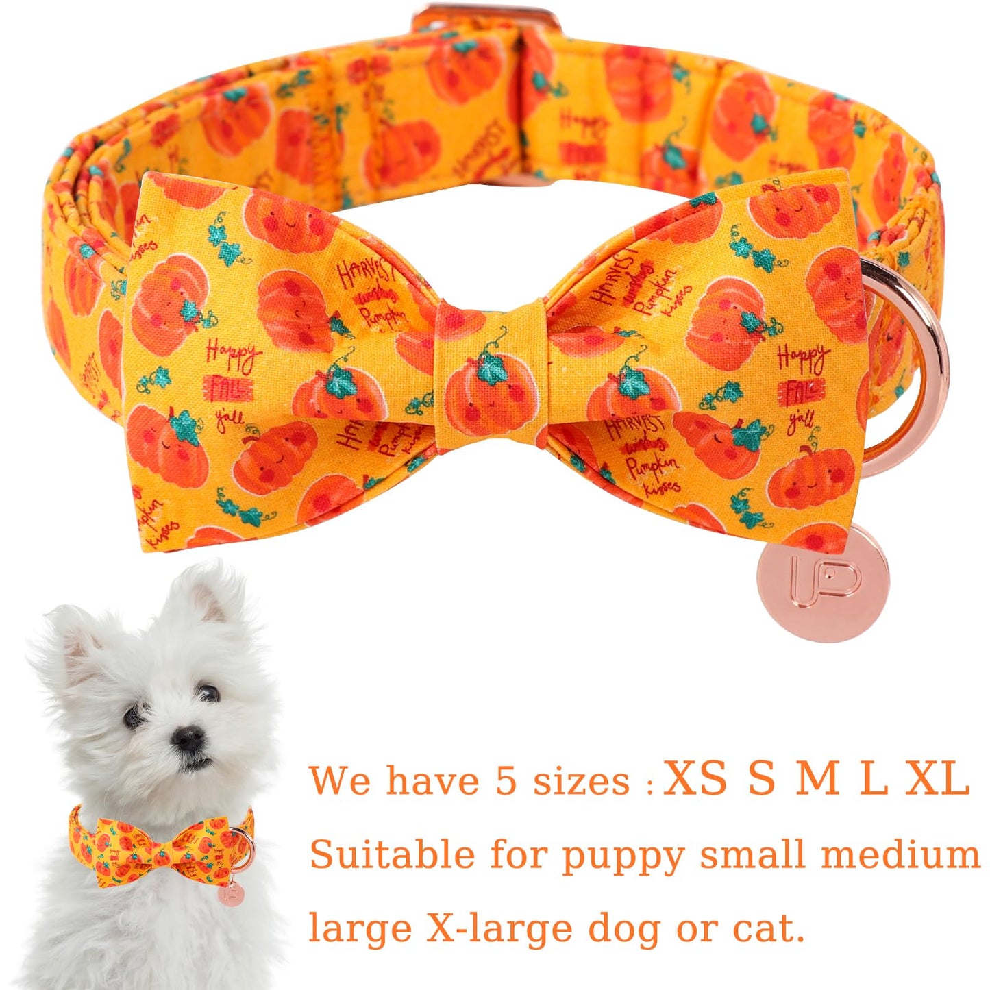 Dog Collar with Bow Tie, Comfortable Adjustable Cotton Bowtie Collar for Medium Girl Boy Dog, Fall Dog Collar with Metal Buckle, M, Neck 13.5-22in