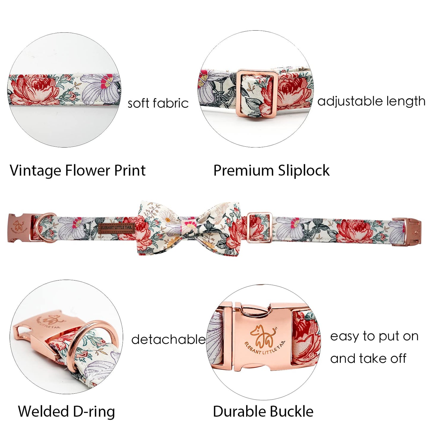 Elegant little tail Vintage Floral Dog Collar with Bow, Comfotable Dog Bowtie, Dog Collar Bow Adjustable Dog Collars for Small Medium Large Dogs