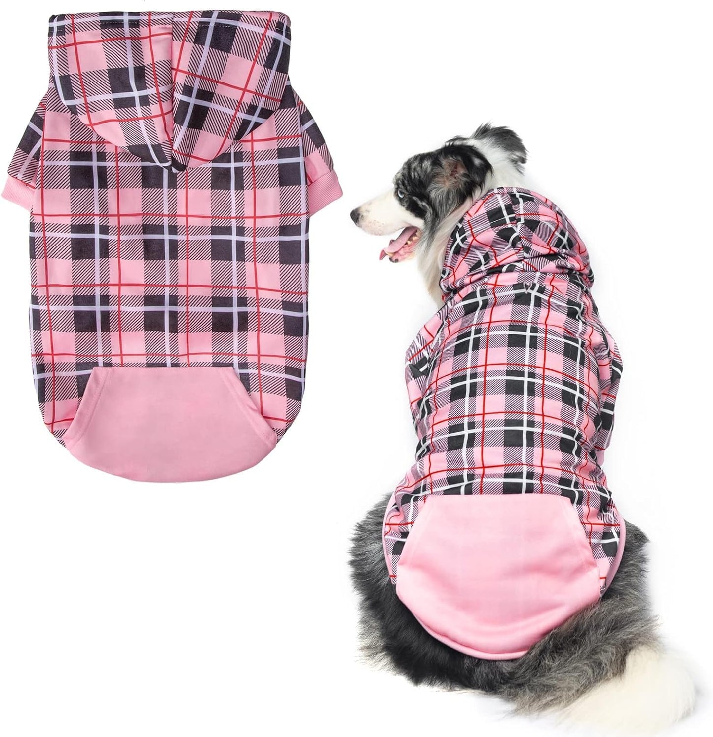 EXPAWLORER Plaid Dog Hoodie - British Style Soft and Warm Dog Sweater with Leash Hole, Hooded Cold Weather Clothes, Dog Sweatshirt, Outfits, Winter Coat for Small Medium Large Dogs