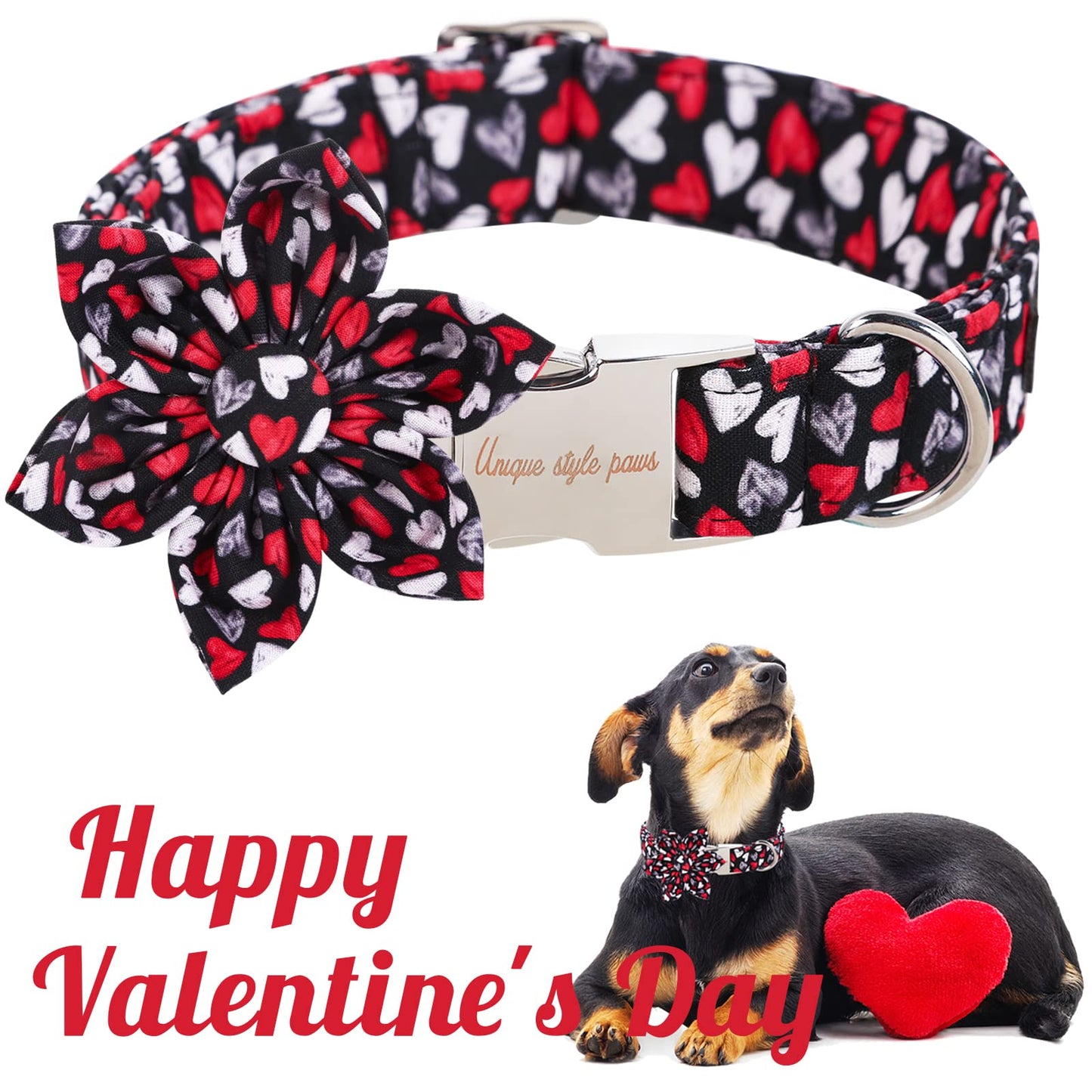 Unique style paws Valentine's Day Dog Collar with Bow Tie Black & Red Heart Puppy Collar Best Gothic Style Gift for Small Medium Large Boys Girls-M