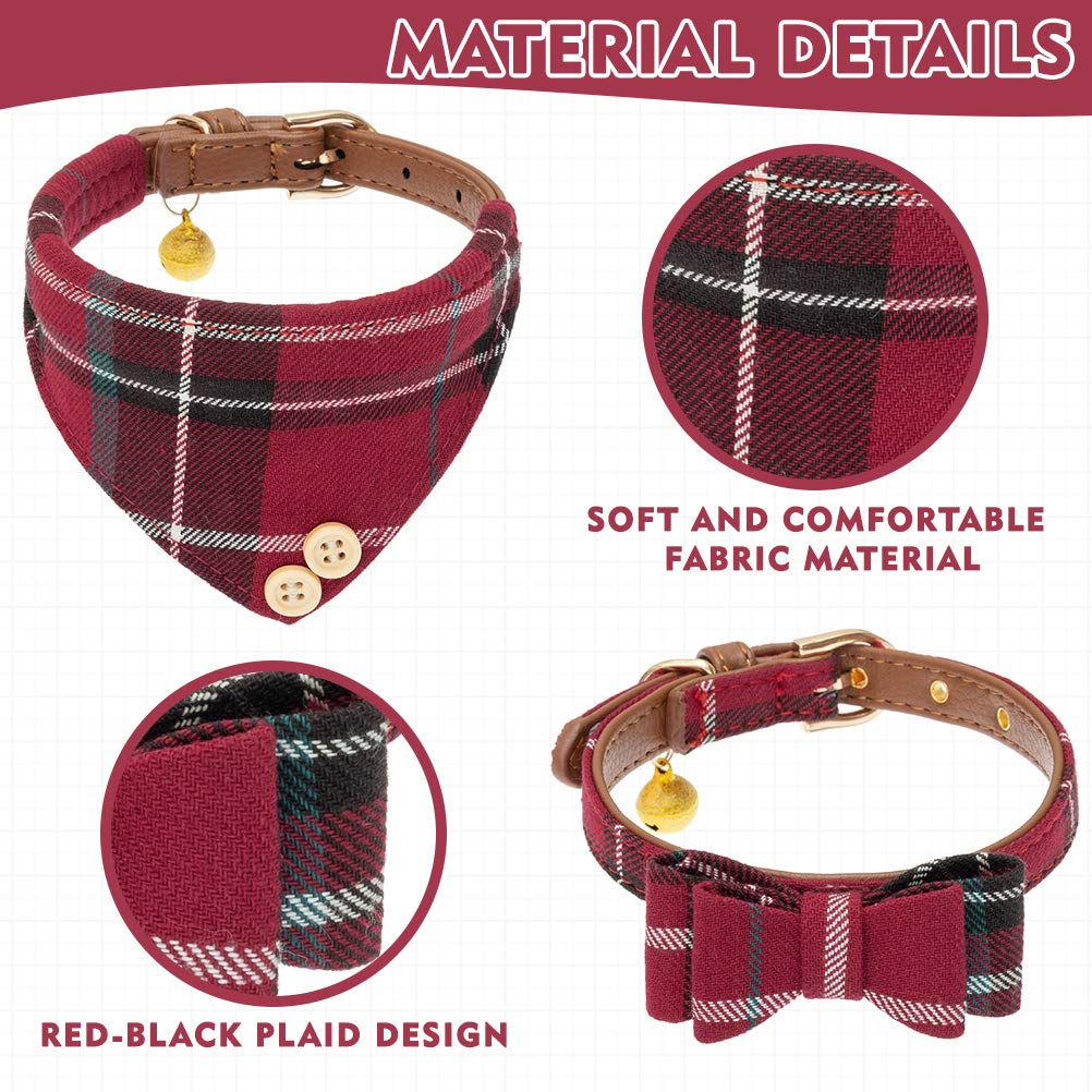 EXPAWLORER Dog Leash Set - Classic Plaid Dog Bow Tie and Dog Bandana Collar with Bell, Tangle Free, Adjustable Collars for Small Medium Large Dogs Cats, Holiday Ideal Gift