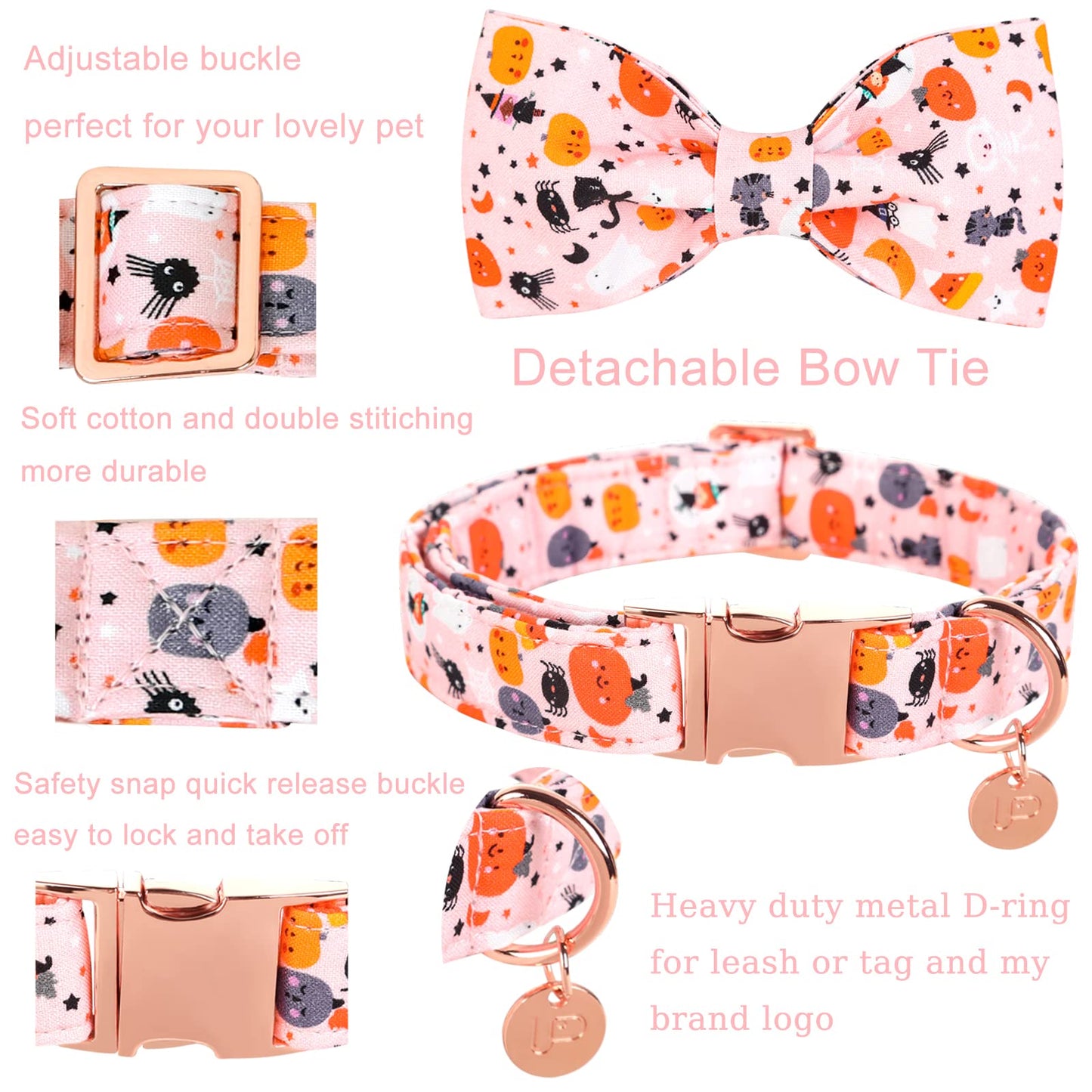 Dog Collar with Bow Tie, Comfortable Adjustable Cotton Bowtie Collar for Medium Girl Boy Dog, Fall Dog Collar with Metal Buckle, M, Neck 13.5-22in