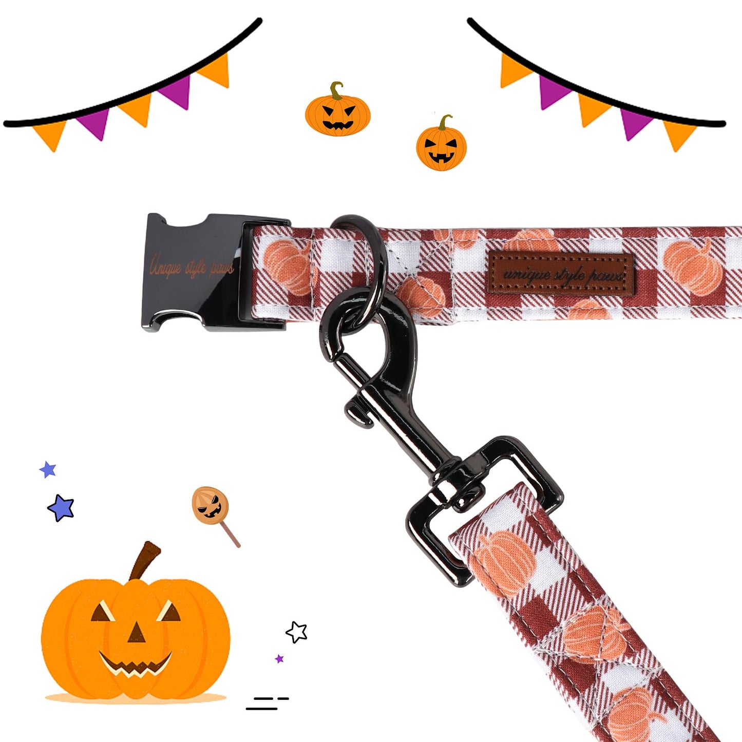 Unique Style Paws Cotton Dog Collar with Bow Halloween Pumpkin Plaid Dog Collar with Bow Tie for Small Medium Large Dogs Pets Gifts